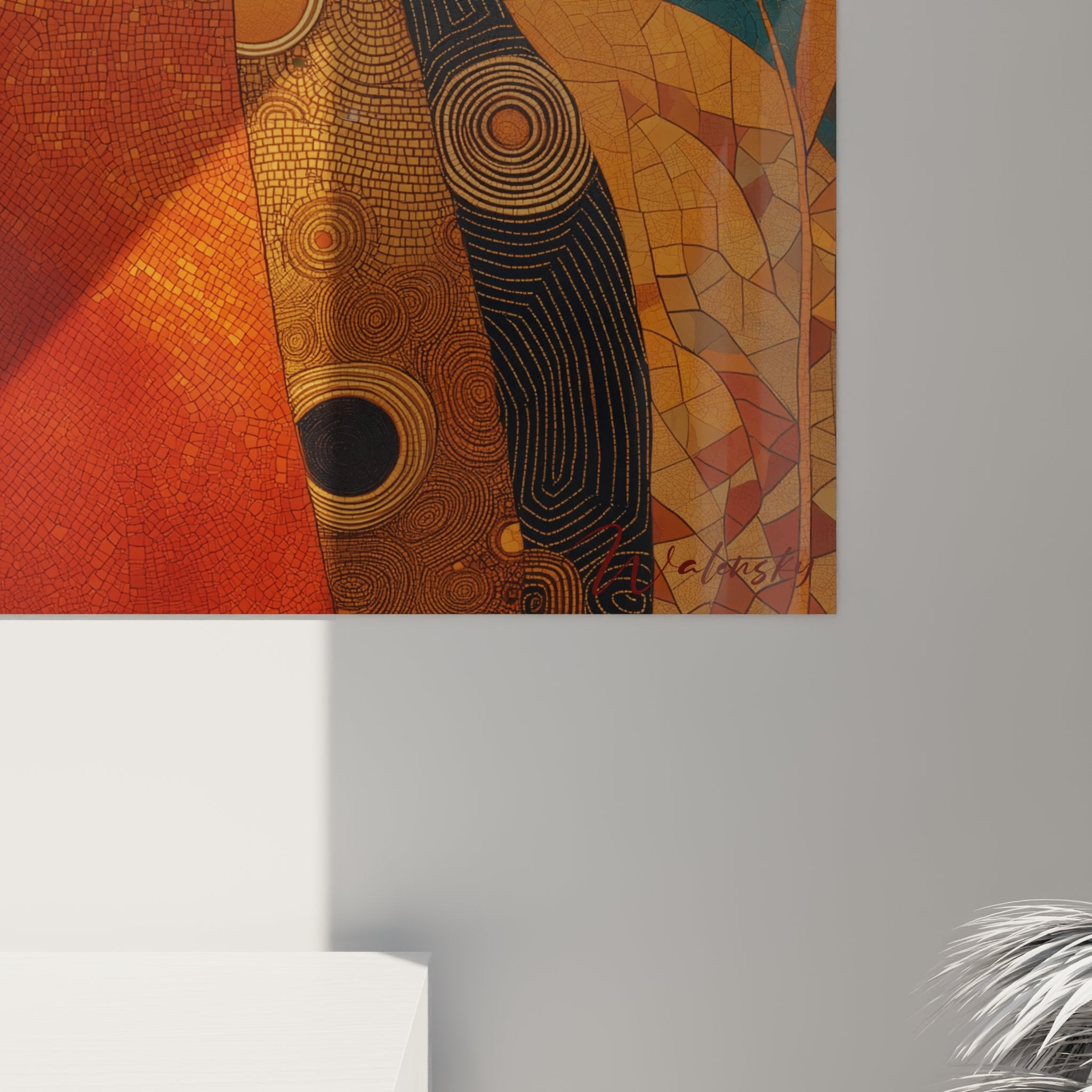 Overview of Art deco portrait painting with lady and golden circular patterns on turquoise background