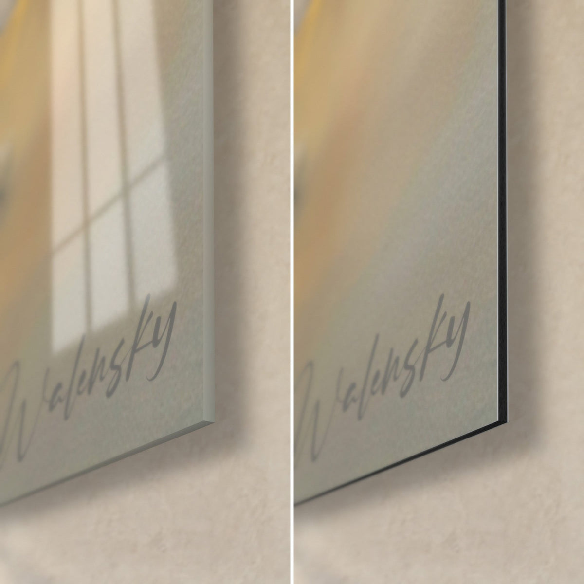 Wall art of an athlete at the barbell, bottom right corner: glossy acrylic glass on the left, matte Dibond on the right, 3 mm edge