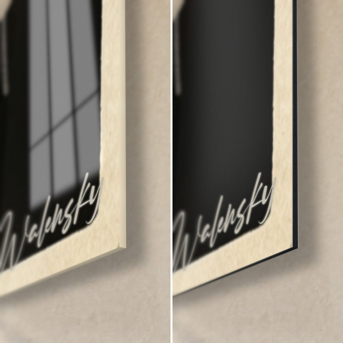 Wall art of a karateka in a white gi, bottom right corner: glossy acrylic glass reflecting the window, matte black Dibond, thin edge