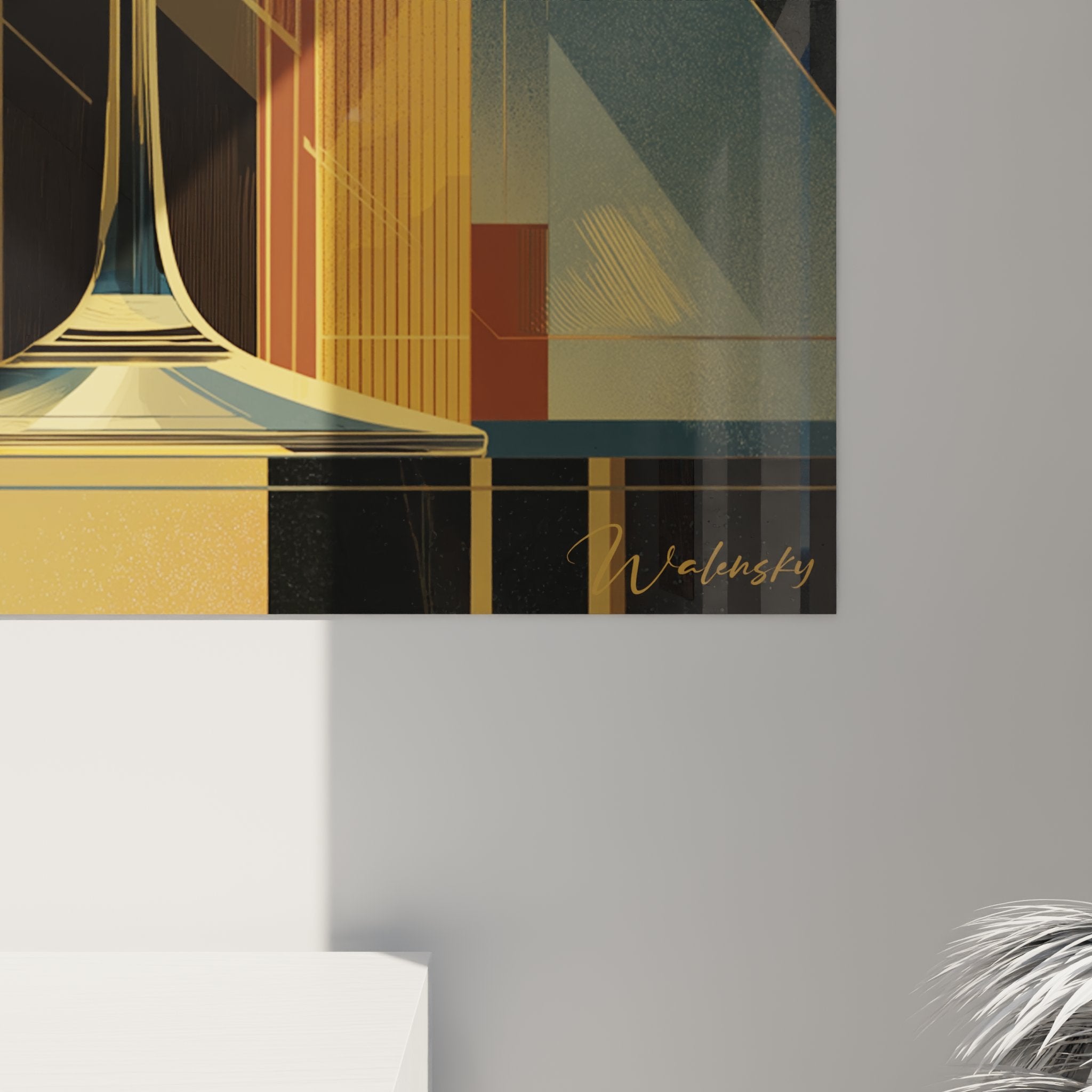 Vue d'ensemble tableau martini art déco sur mur blanc, composition géométrique dorée et cuivrée sophistiquée