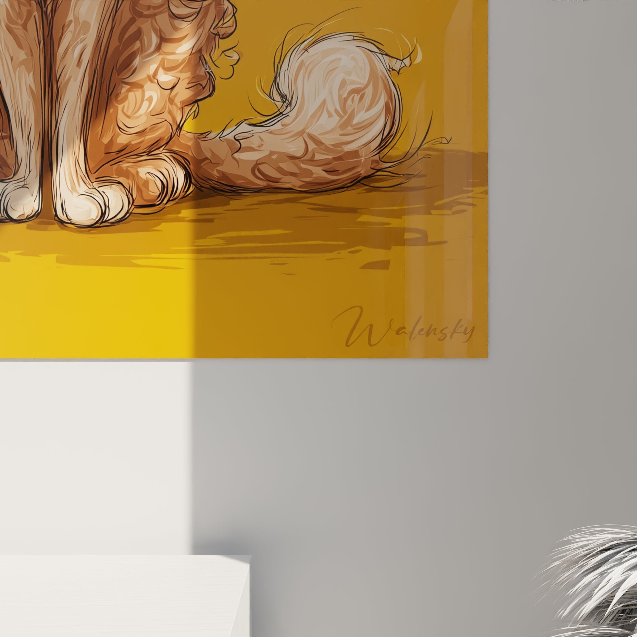 Vue d'ensemble tableau mural chat Selkirk Rex style artistique moderne sur toile fond orange lumineux