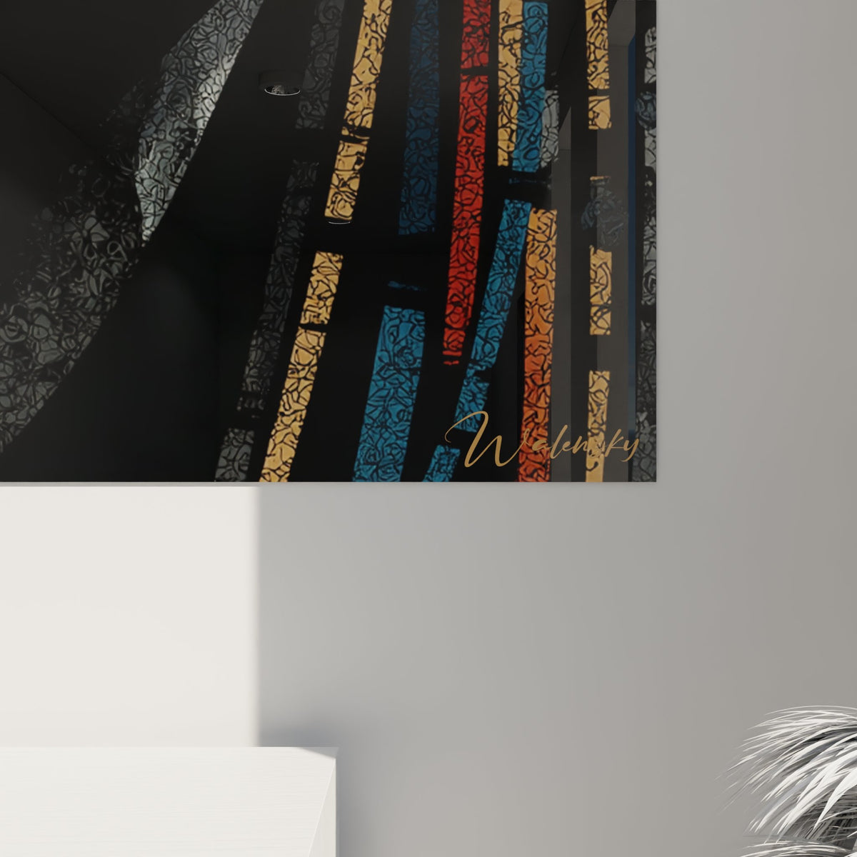 Vue d'ensemble du tableau art africain contemporain avec profil masqué et bandes colorées verticales