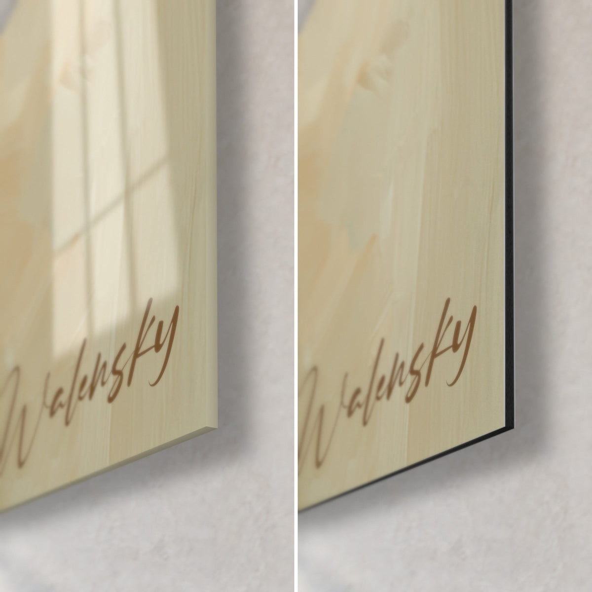 Tableau sphynx peint, coin bas droit : signature Walensky cuivrée, verre acrylique brillant beige à gauche, alu Dibond mat noir à droite