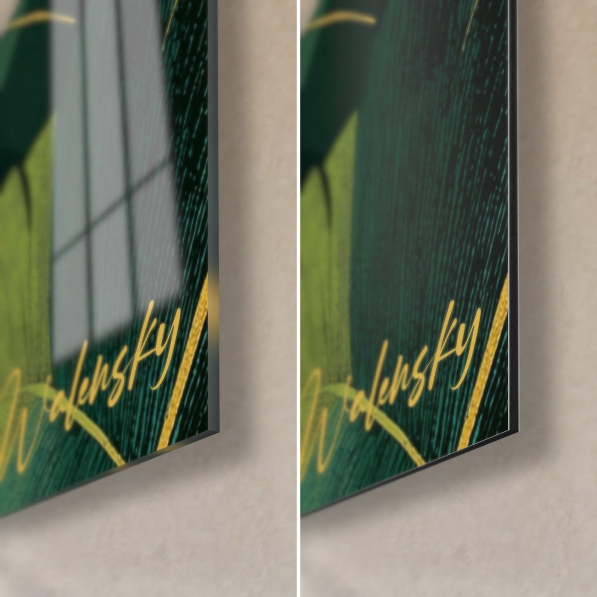 Wall art of an amber cocktail glass, gold Walensky signature bottom right, glossy glass on the left, matte Dibond on the right