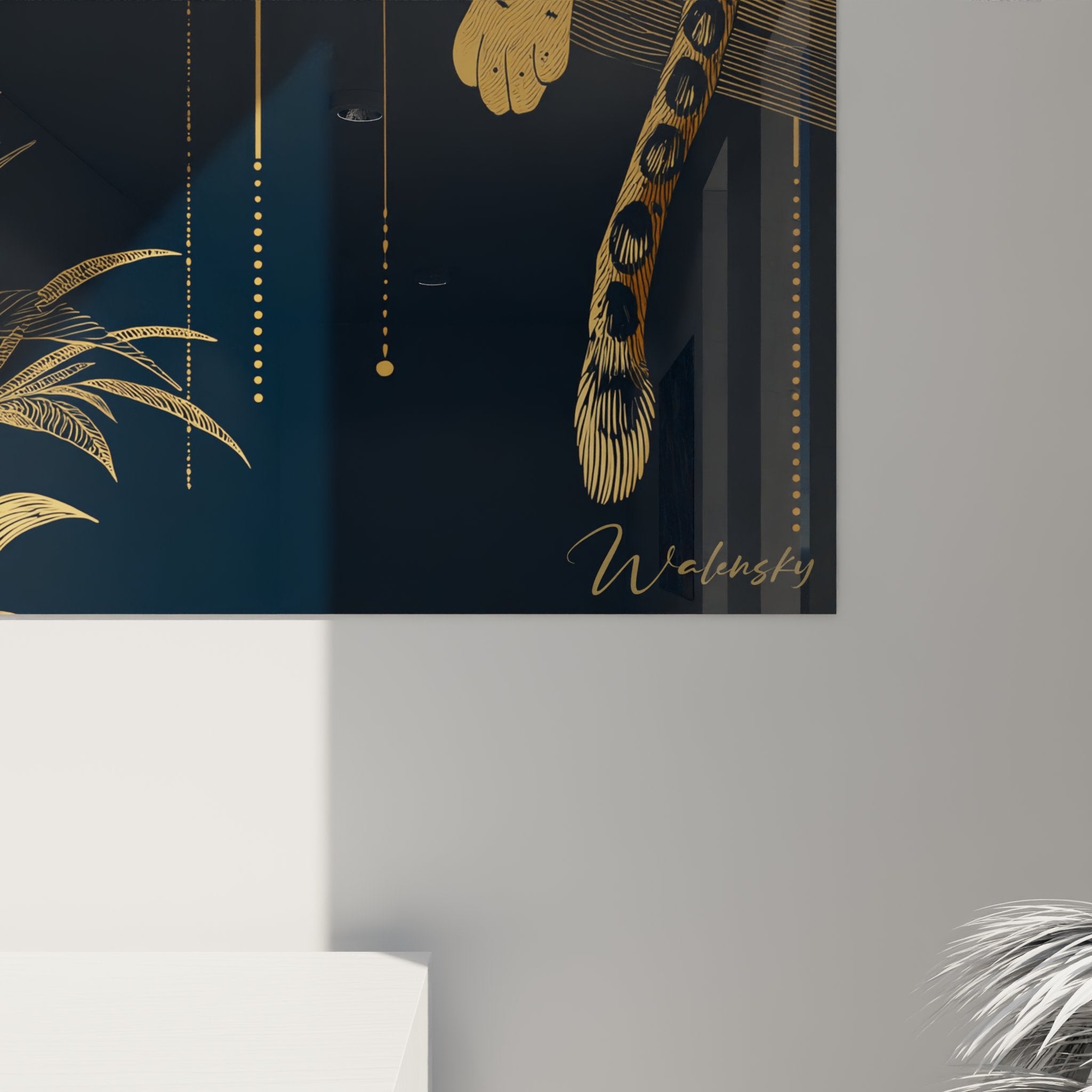 Overview leopard wall art deco painting with frame, decorative 1920s golden and blue style