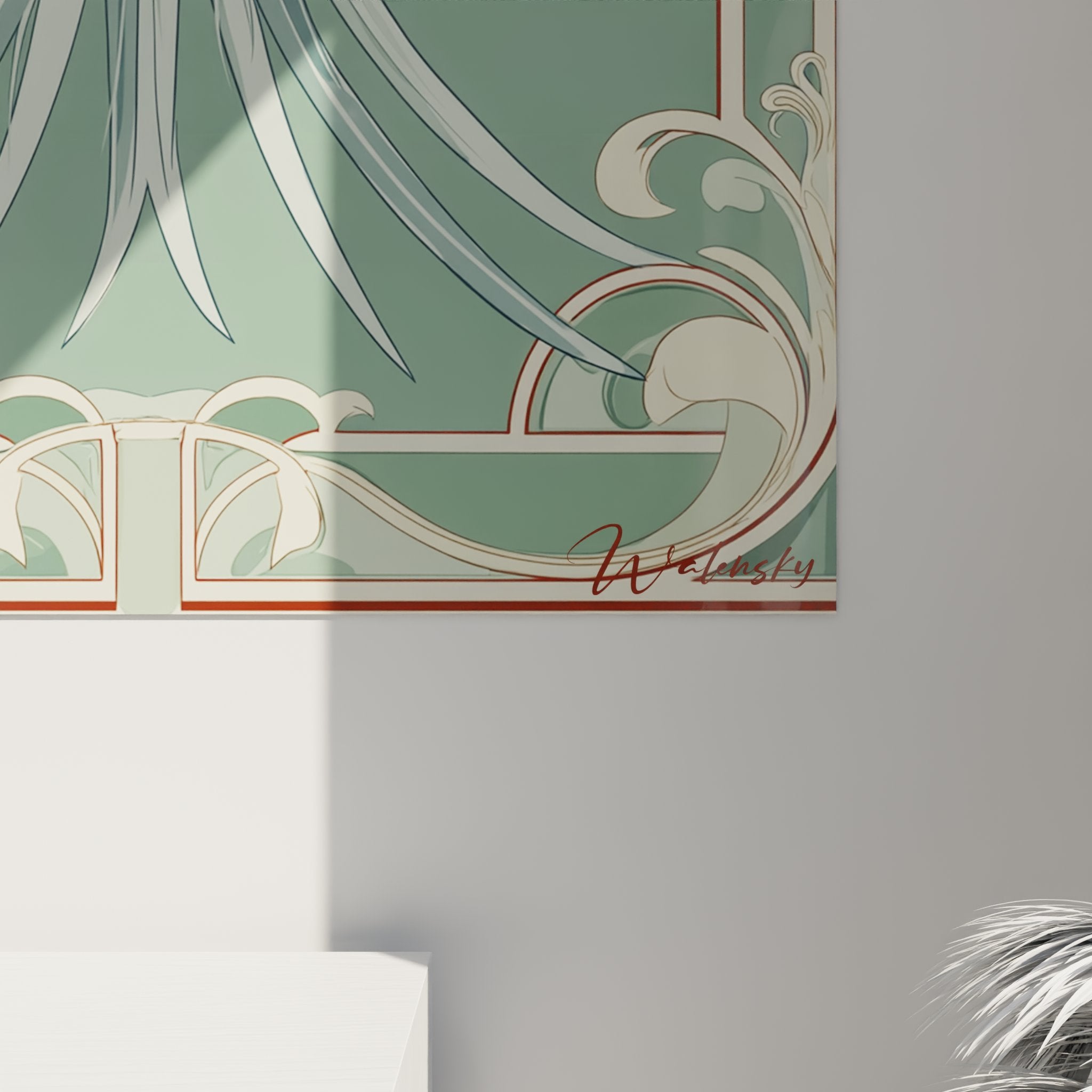 Vue d'ensemble tableau héron art déco médaillon ovale ornements végétaux fond vert sage style décoratif 1920