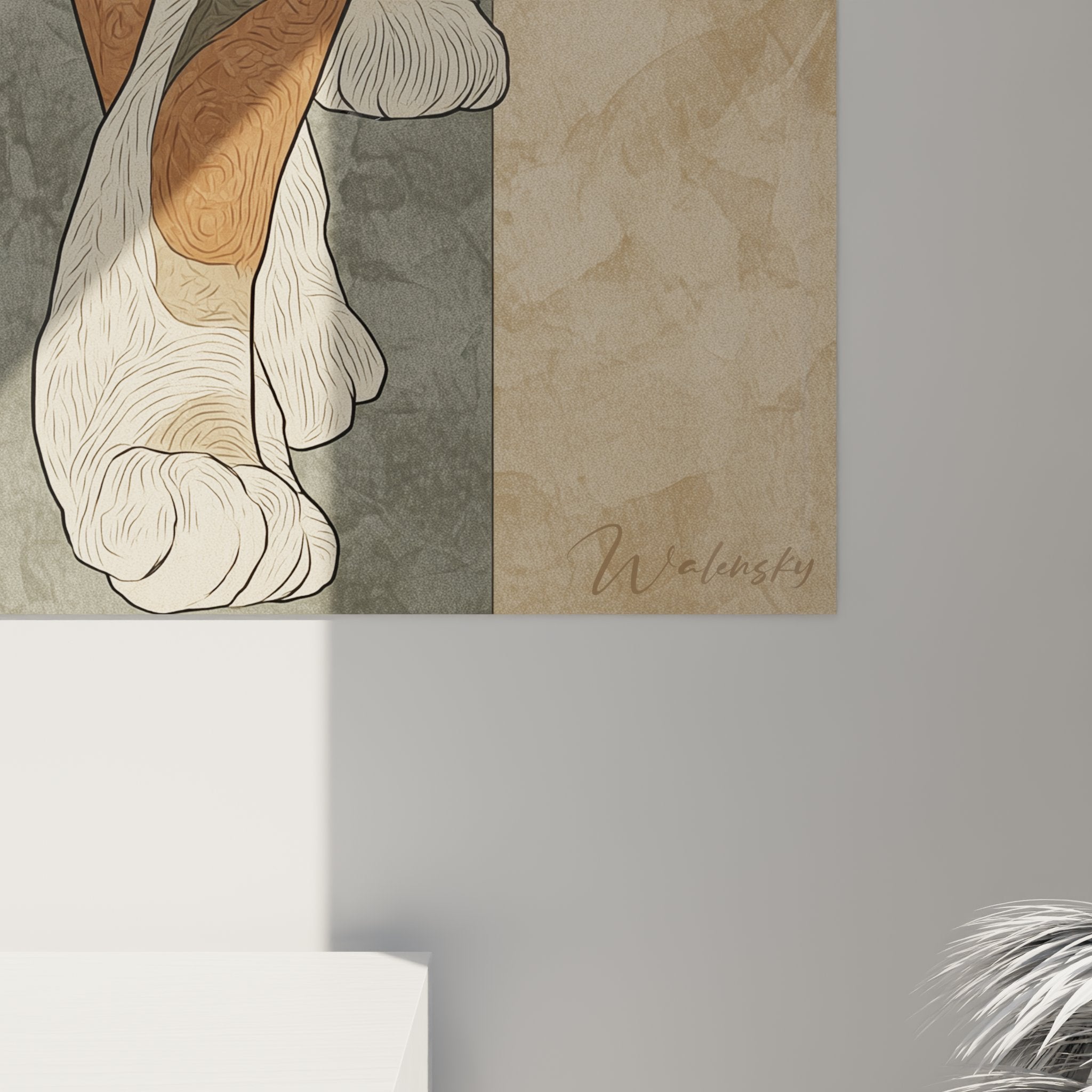 Vista d'insieme del quadro gatto Serengeti in un interno moderno, arte murale decorativa felina