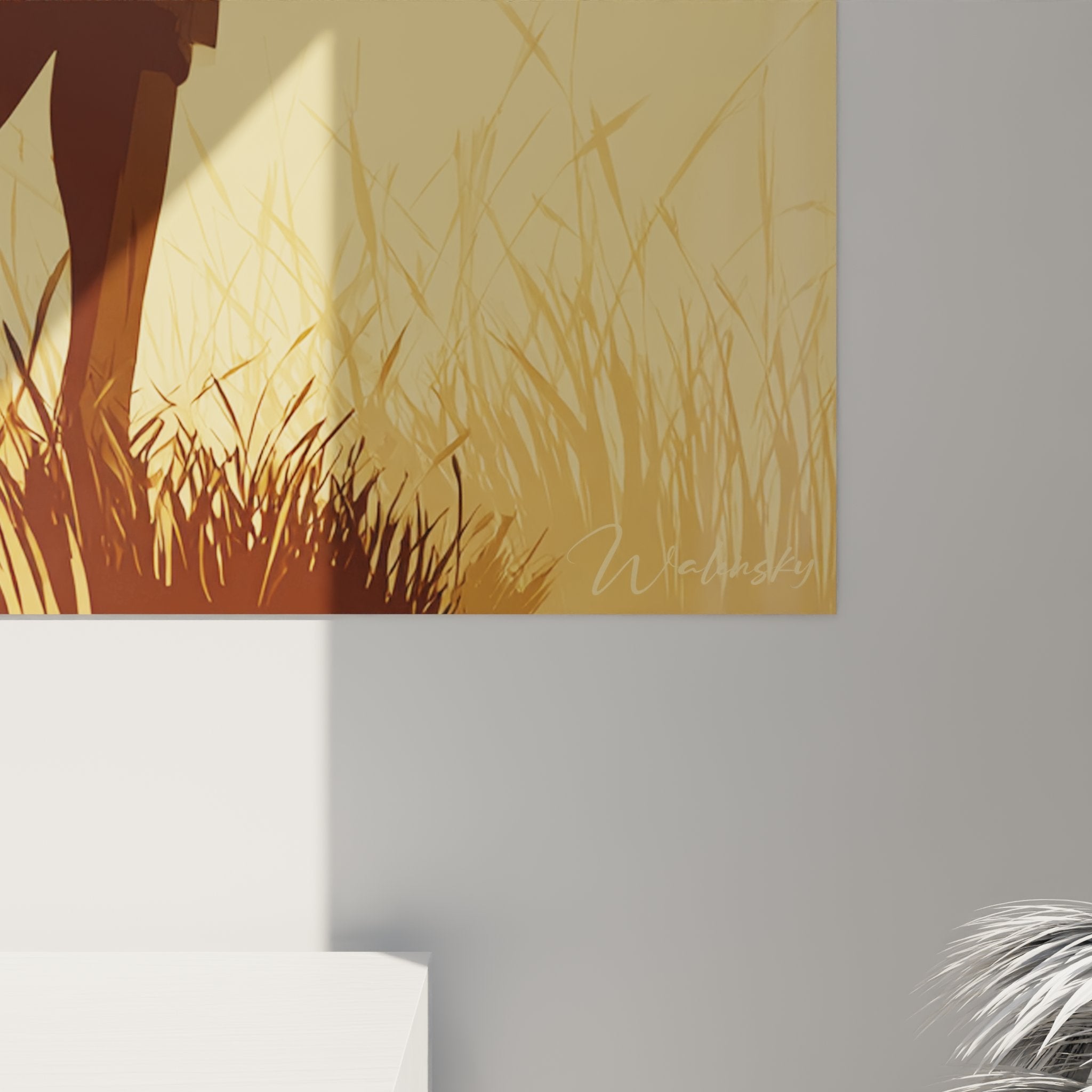 Overview of Maasai warrior wall art savanna golden grass African cultural decoration