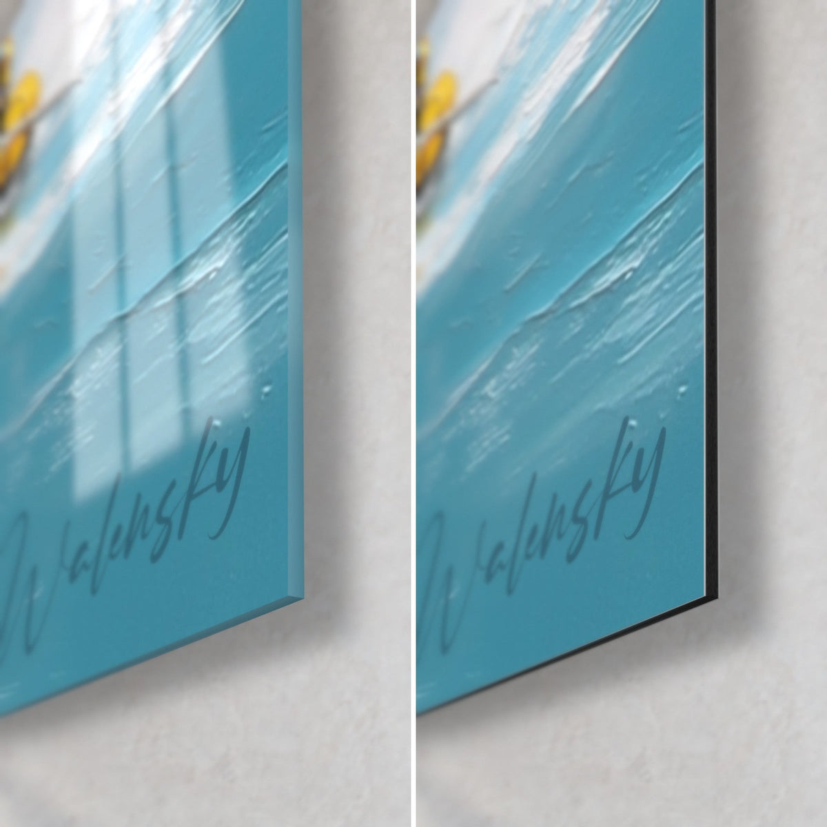 Wall art thick watercolor of a turquoise rapid, sky-blue and white impasto, Walensky signature, glossy glass and matte Dibond