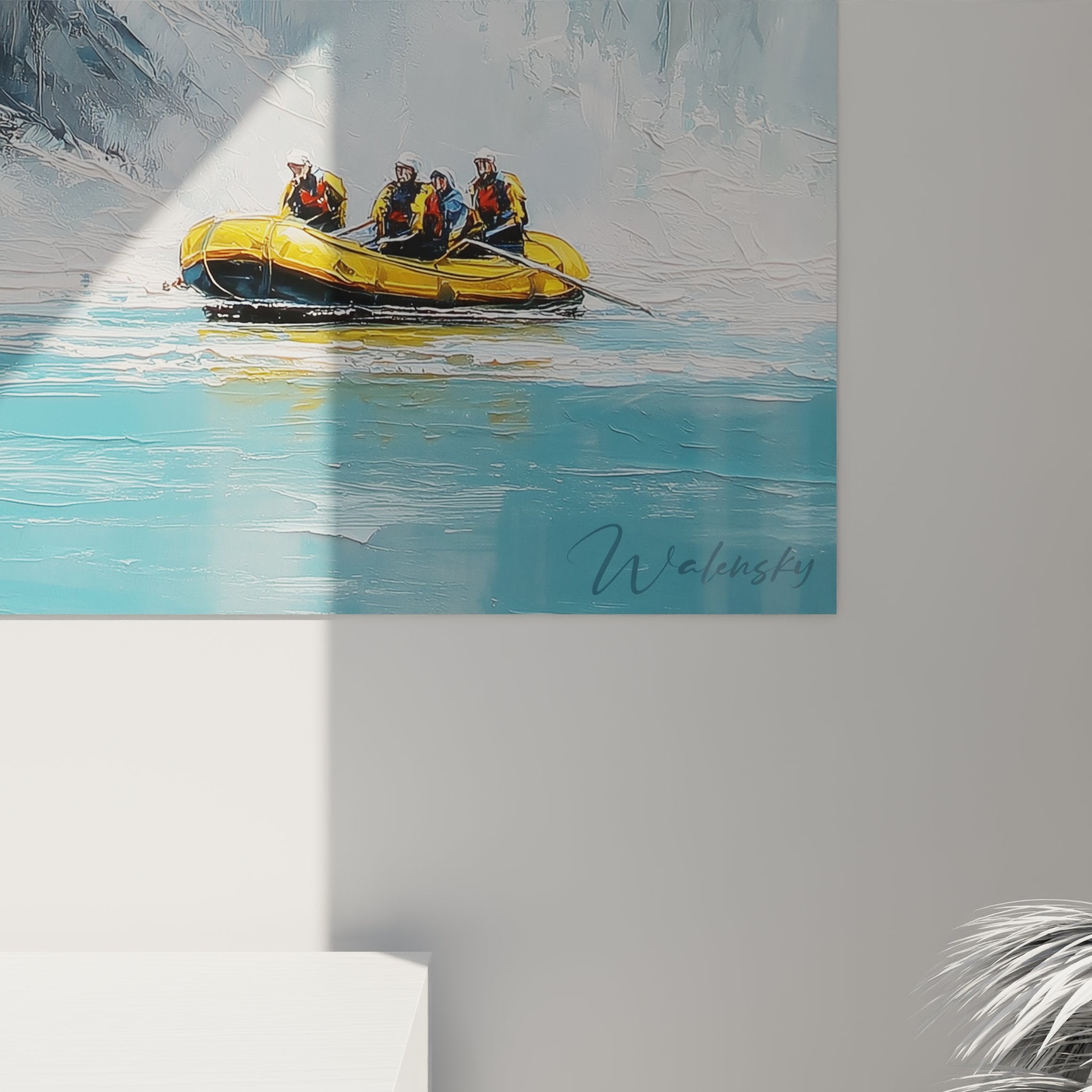 Vista d'insieme quadro murale cascata rafting appeso al muro decorazione interiore tema avventura