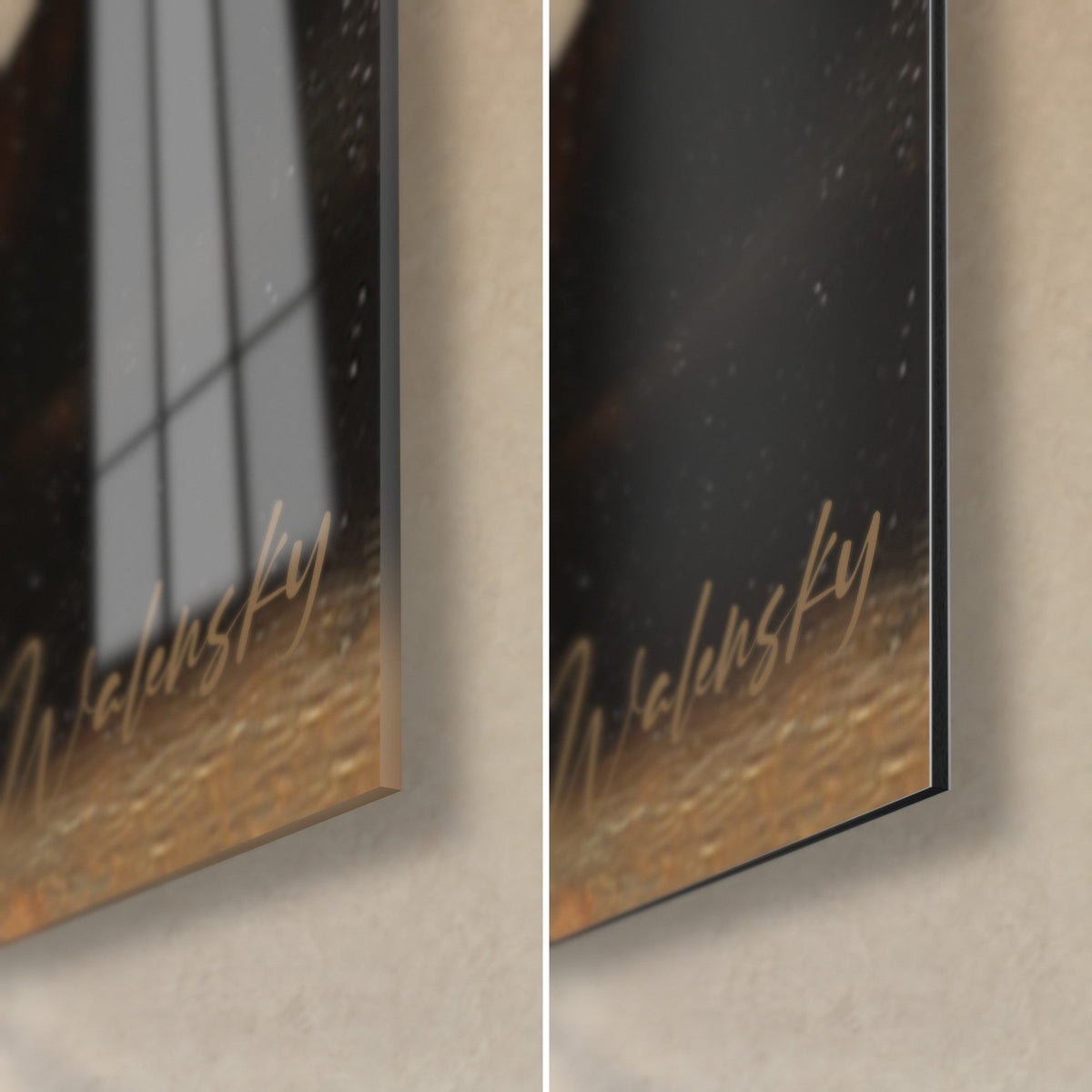 Tableau chat roux de profil, coin bas droit : verre acrylique brillant à gauche, alu Dibond noir mat à droite, signature dorée, tranche 3 mm