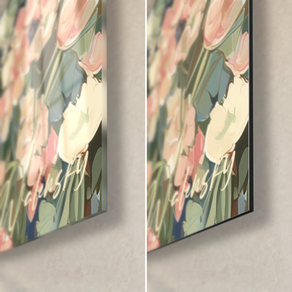 Gemälde Siamkatze in Creme und Braun, untere rechte Ecke: glänzendes Acrylglas links, matt gebürstetes Alu-Dibond rechts, 3 mm schwarze Kante
