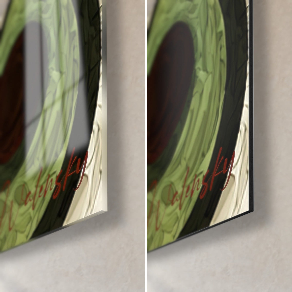 Quadro spirali terrose, angolo in basso a destra: anello verde salvia, nucleo marrone, vetro lucido a sinistra, Dibond opaco a destra