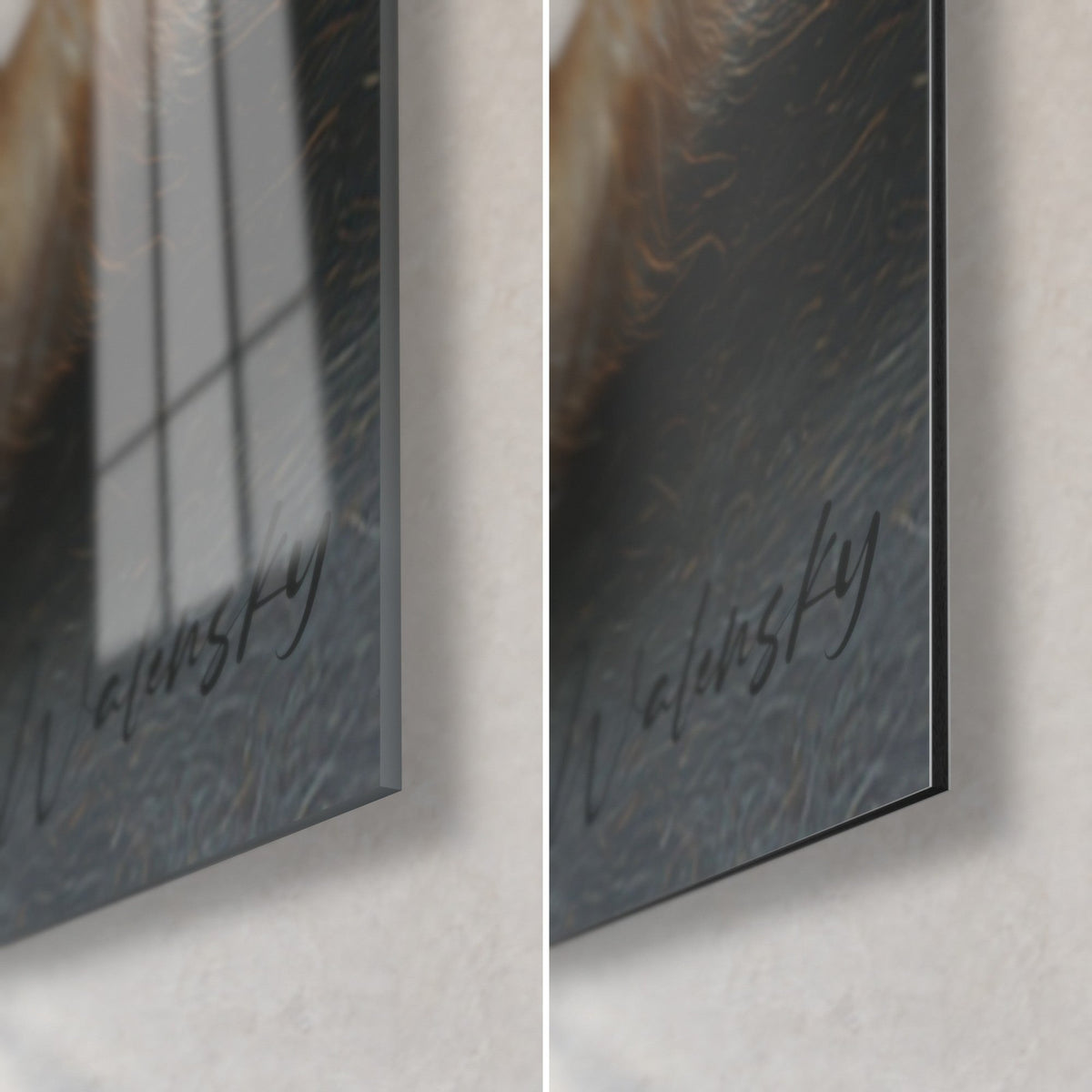 Cuadro Gatito pelirrojo, esquina inferior derecha: cristal acrílico brillante con reflejos de ventana, Dibond gris mate, canto de 3 mm