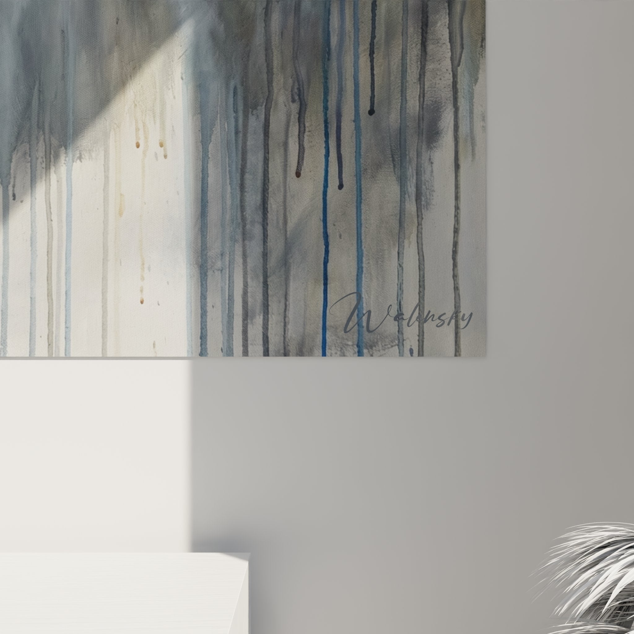Vue d'ensemble tableau mural chat Chartreux contemplatif sous la pluie, art animalier contemporain