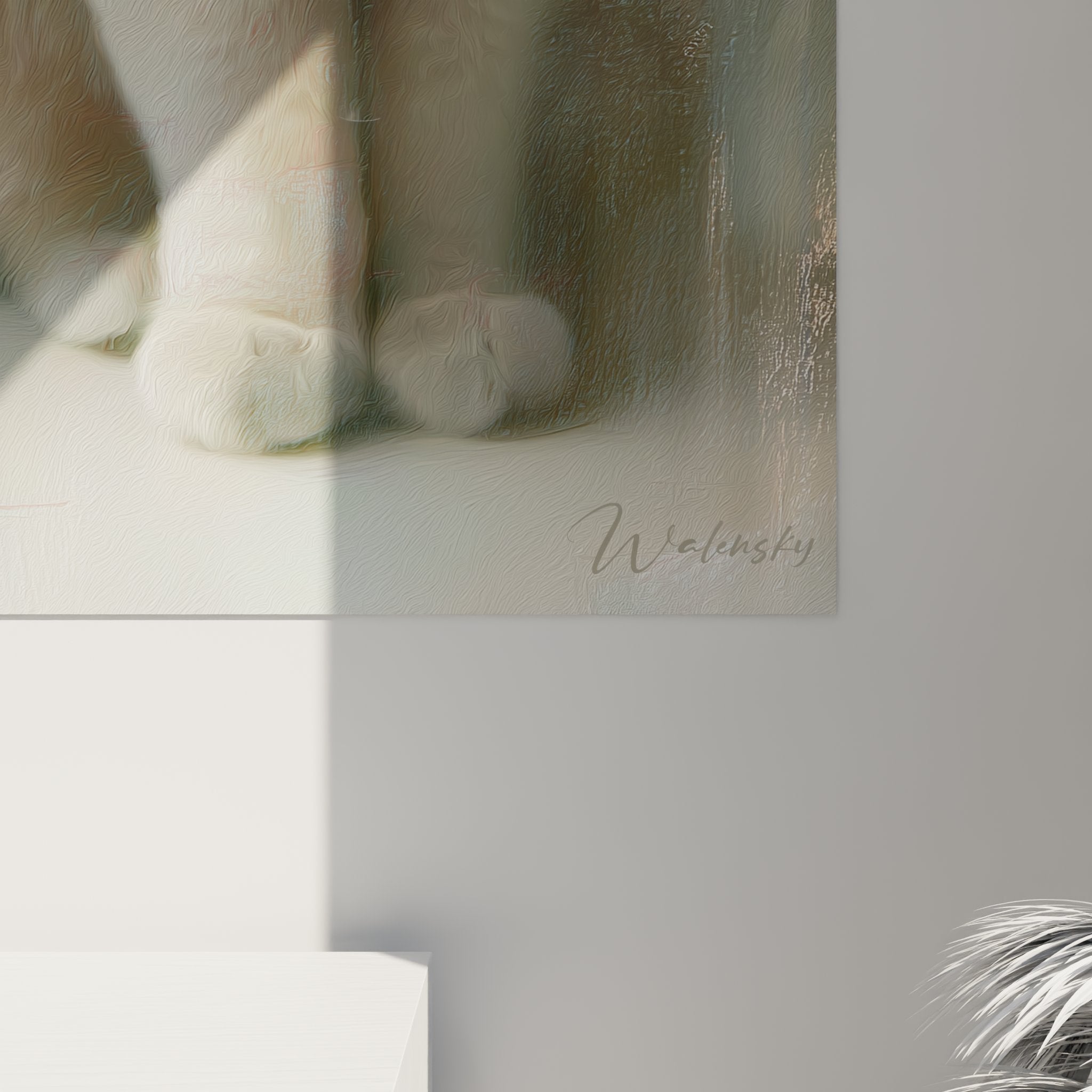 Vue d'ensemble du tableau mural chat British Shorthair crème dans un intérieur moderne élégant