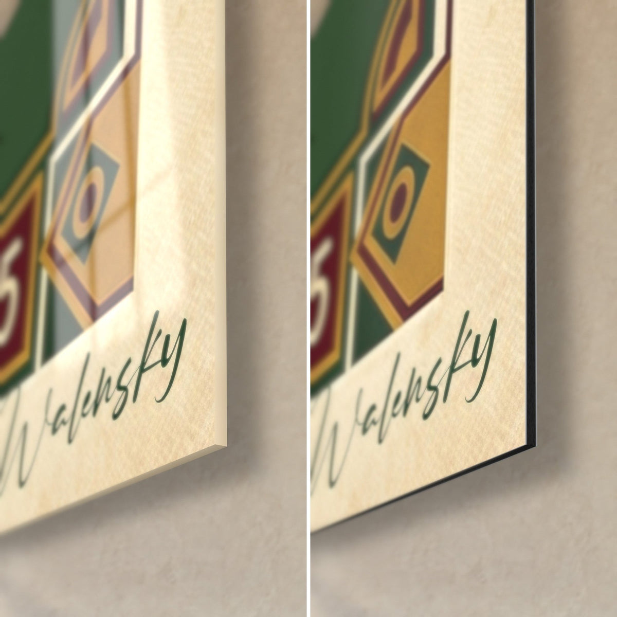Tableau joueur de golf art déco, coin bas droit : verre brillant à gauche, alu Dibond noir mat à droite, signature Walensky verte