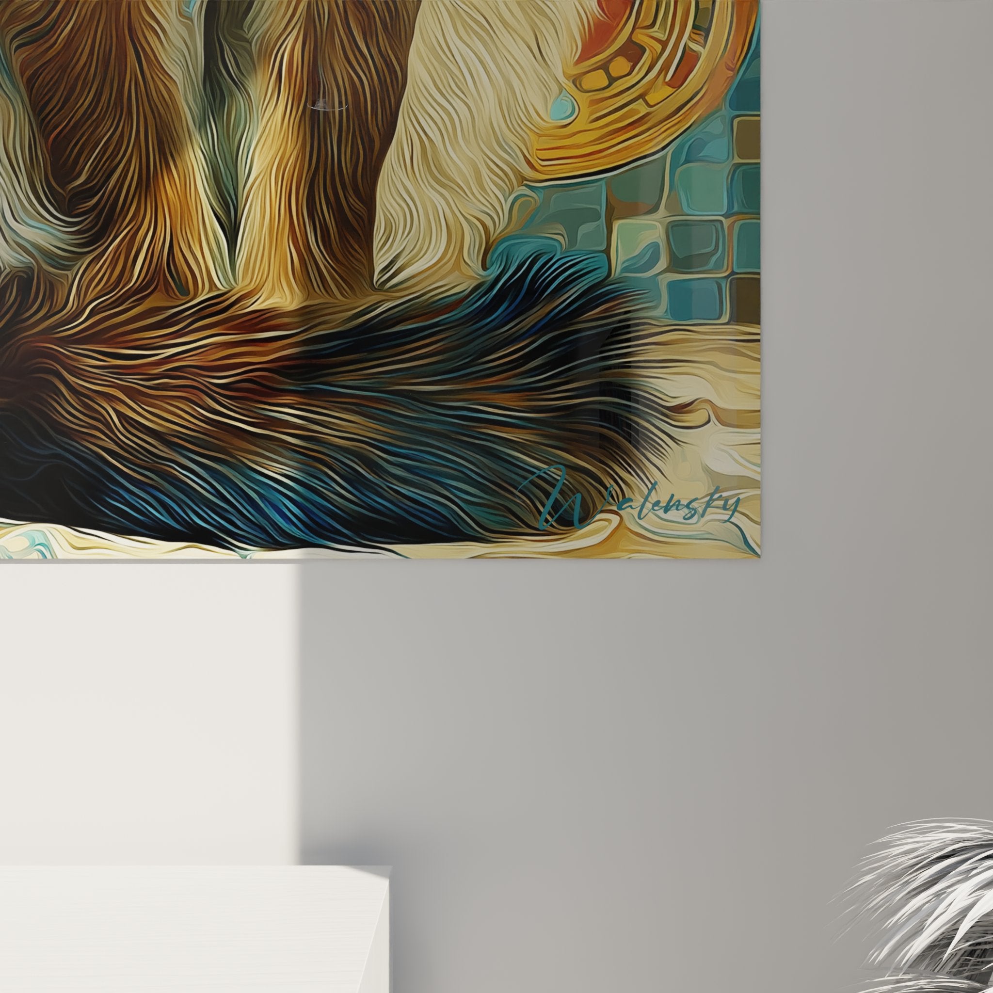 Overview of decorative Balinese cat wall art Art Nouveau golden geometric turquoise patterns