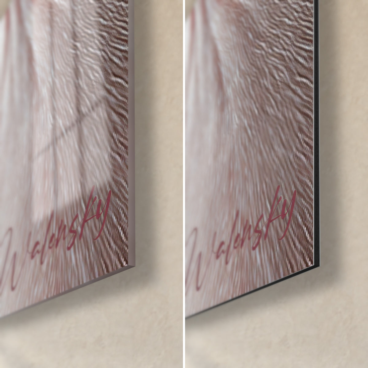 Cuadro retrato de esfinge rosa y blanca, esquina inferior derecha: cristal acrílico brillante a la izquierda, Dibond mate a la derecha, canto de 3 mm