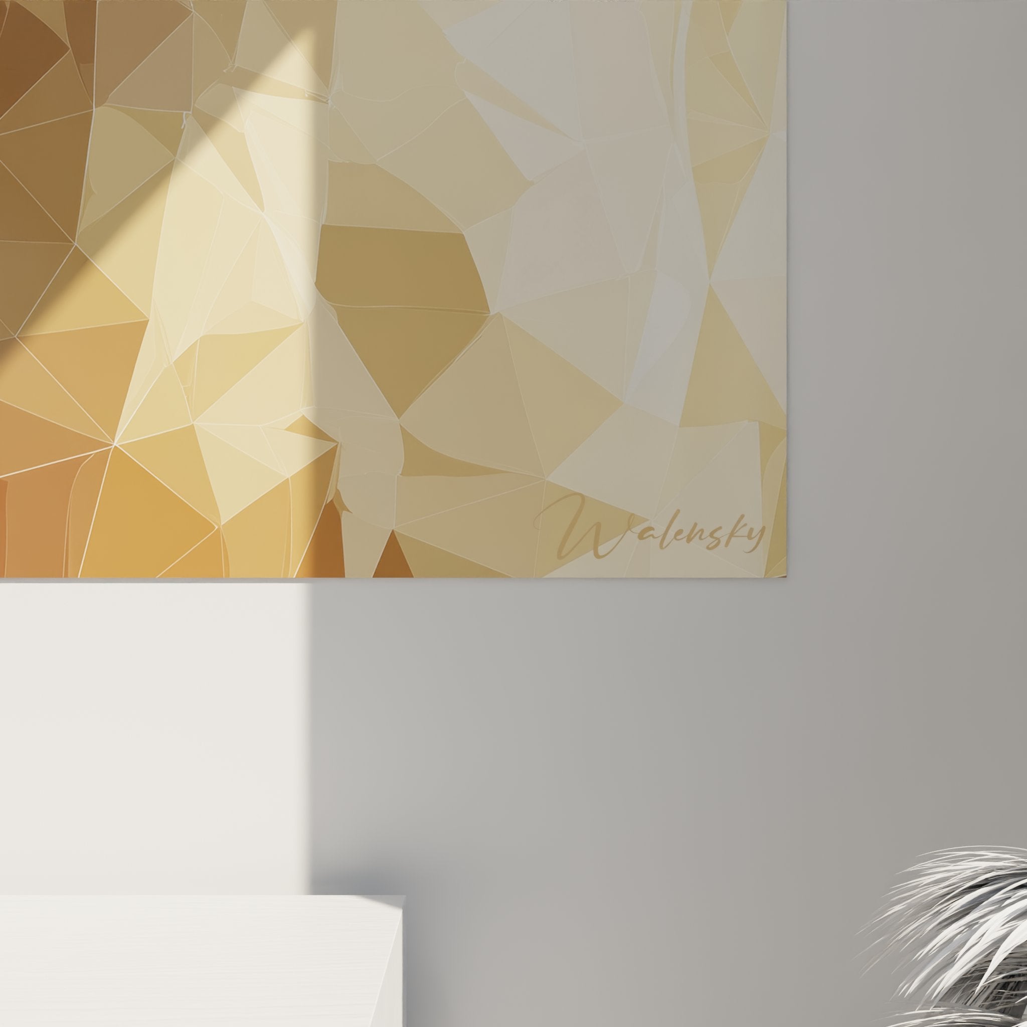 Vue ensemble tableau chat Singapura polygonal decoration interieur moderne style geometrique