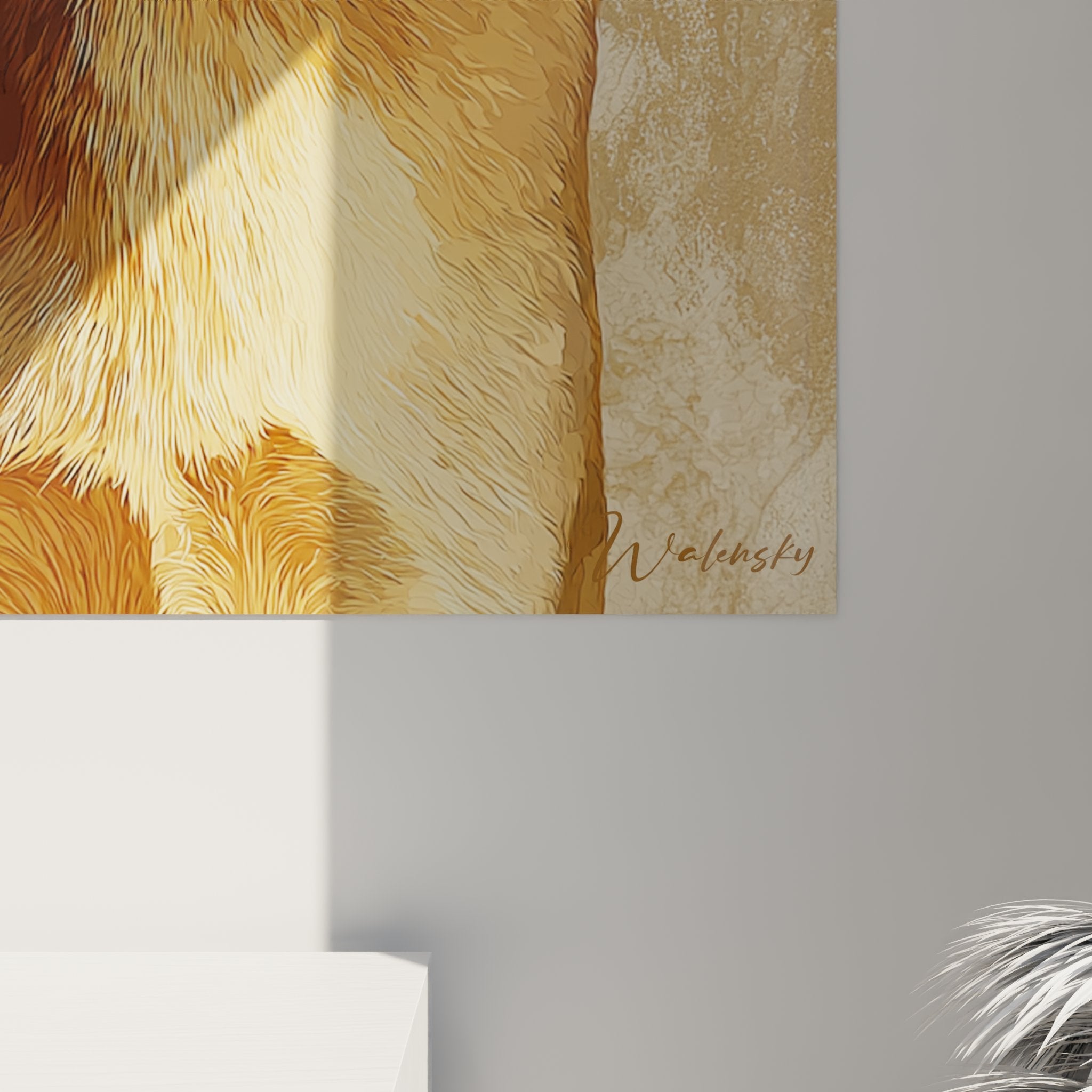 Panoramica del quadro da parete gatto Abissino artistico, ritratto felino decorativo dai colori caldi