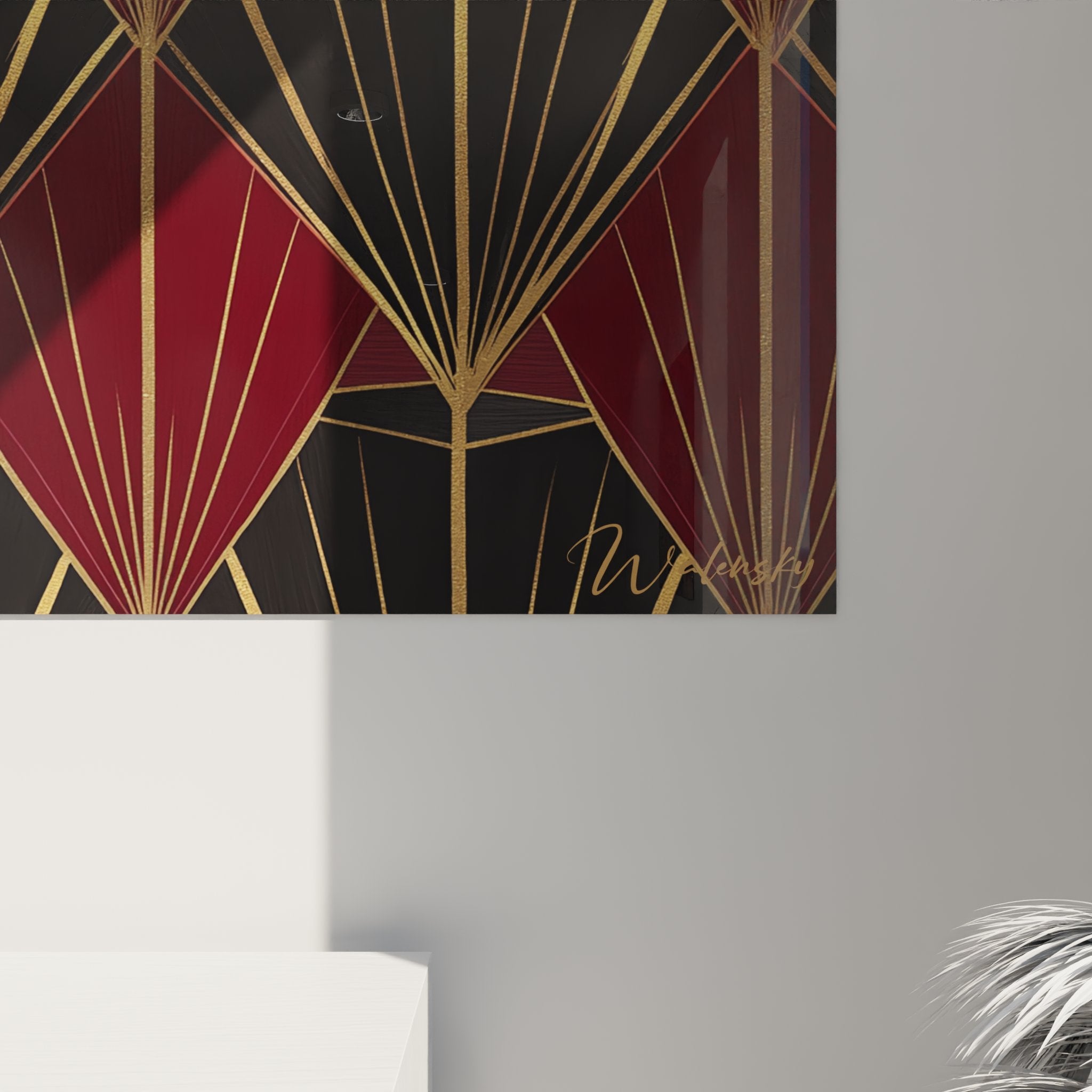 Overview Art Deco wall art geometric fan motifs burgundy charcoal gold modern decor