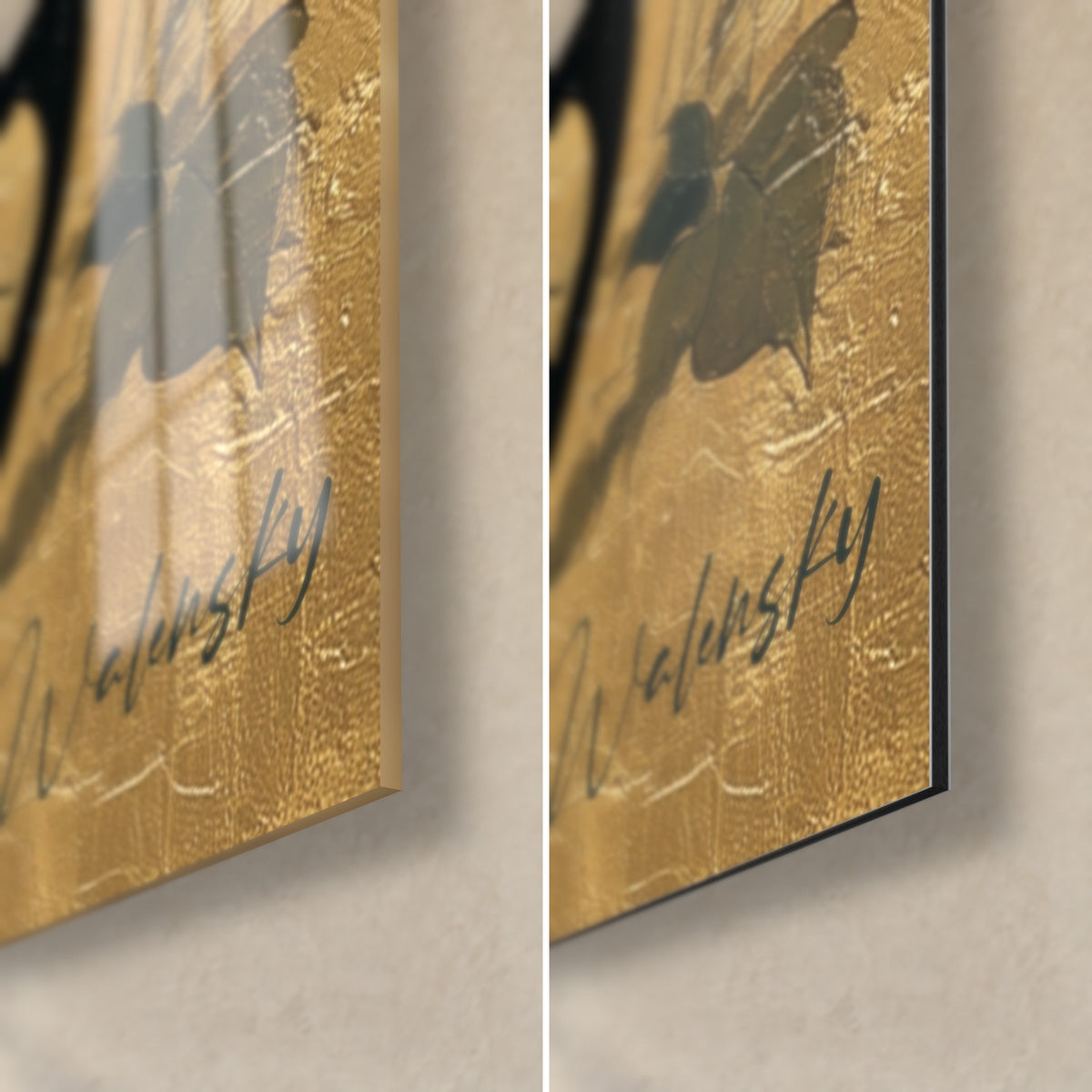 Πίνακας μαύρη οικόσιτη πάνθηρας σε ραγισμένο χρυσό, κάτω δεξιά γωνία: γυαλιστερό ακρυλικό γυαλί αριστερά, ματ μαύρο αλουμίνιο Dibond δεξιά