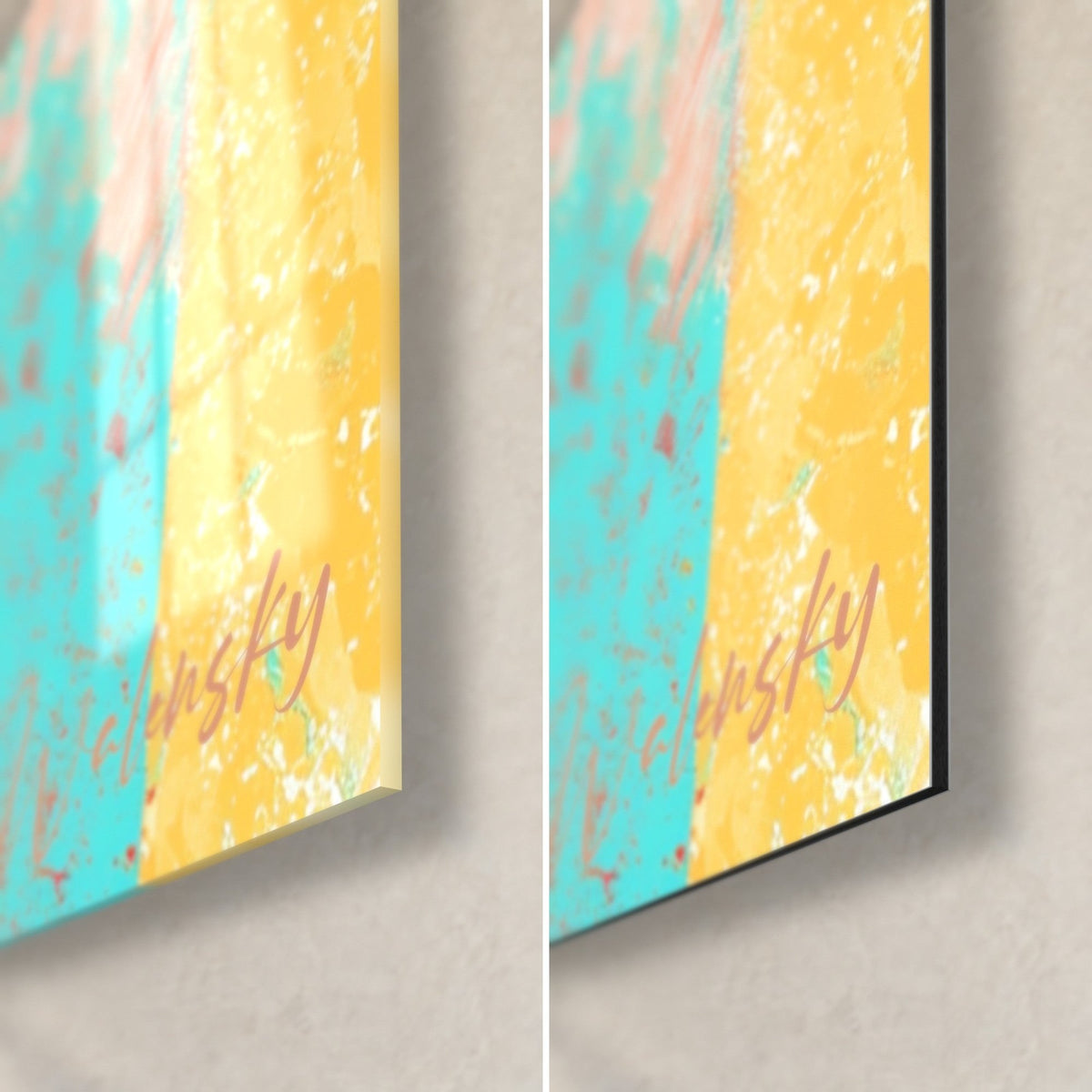 Wall art Sphynx portrait, bottom right corner: turquoise and yellow splashes, glossy glass on the left, matte black Dibond on the right, 3 mm edge
