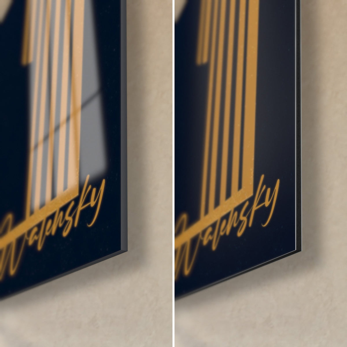 Wall art stylised Manhattan in gold and midnight blue, bottom right corner: glossy reflective acrylic glass, matte Dibond aluminium, slim edge