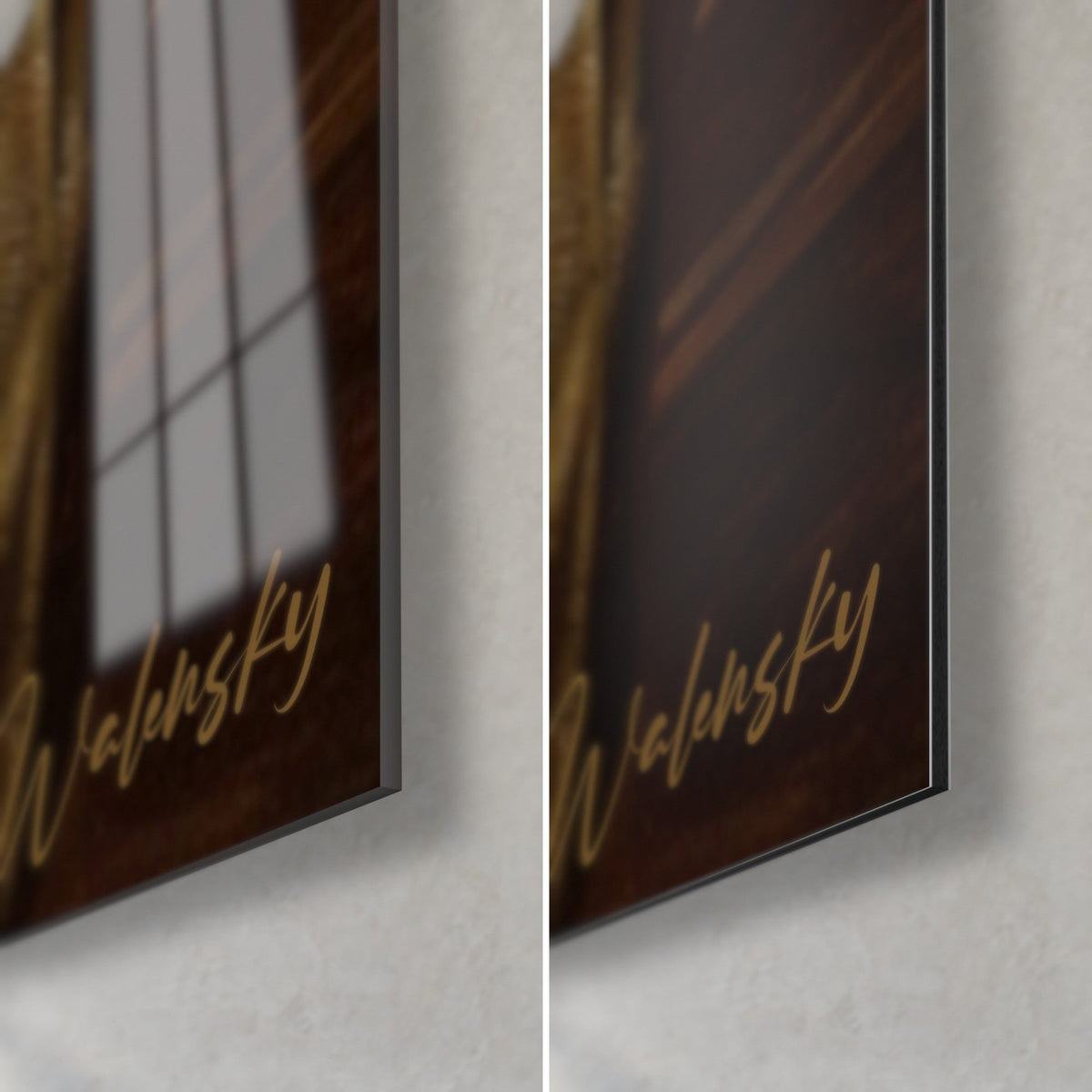 Wall art of a distinguished golfer portrait, bottom right corner: glossy acrylic glass on the left, matte brown Dibond aluminium on the right, gold signature