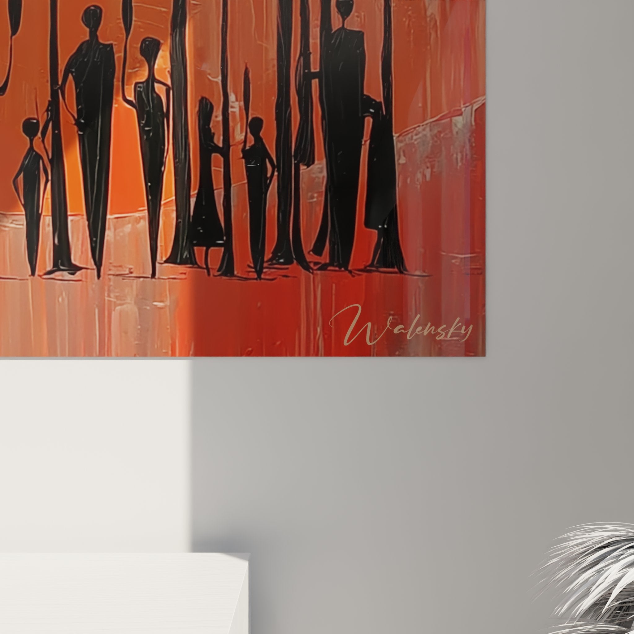 Panoramica quadro tramonto savana africana, acacie e personaggi, arte murale paesaggio caldo