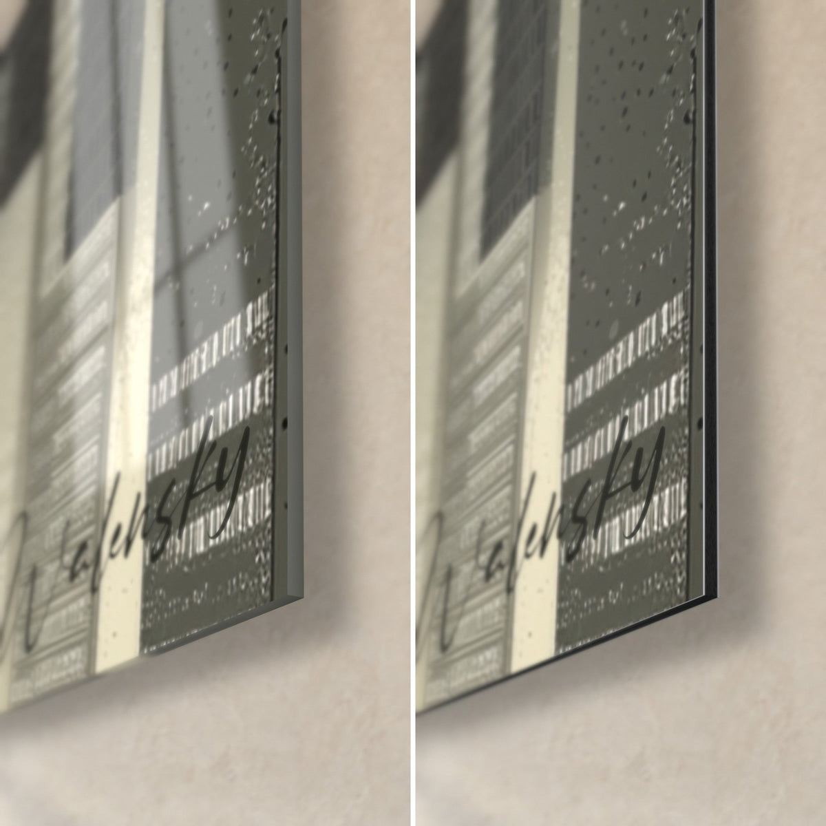 Tableau dame en robe rouge, coin bas droit : verre brillant à gauche, alu Dibond mat noir et ivoire à droite, tranche 3 mm