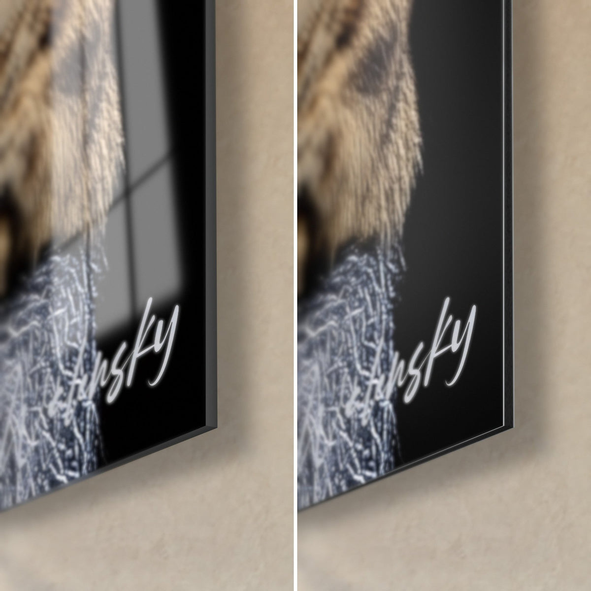 Gemälde Porträt einer Tigerkatze, untere rechte Ecke: glänzendes Acrylglas links, mattschwarzes Dibond-Aluminium rechts, 3 mm Kante
