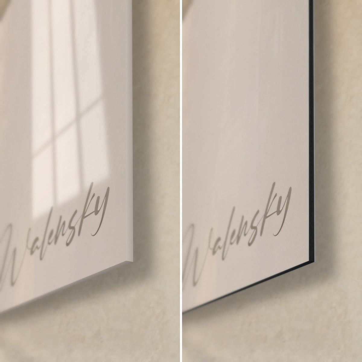 Wall art of a ragdoll cat with a white paw on a beige background, bottom right corner: glossy acrylic glass on the left, matte Dibond aluminium on the right