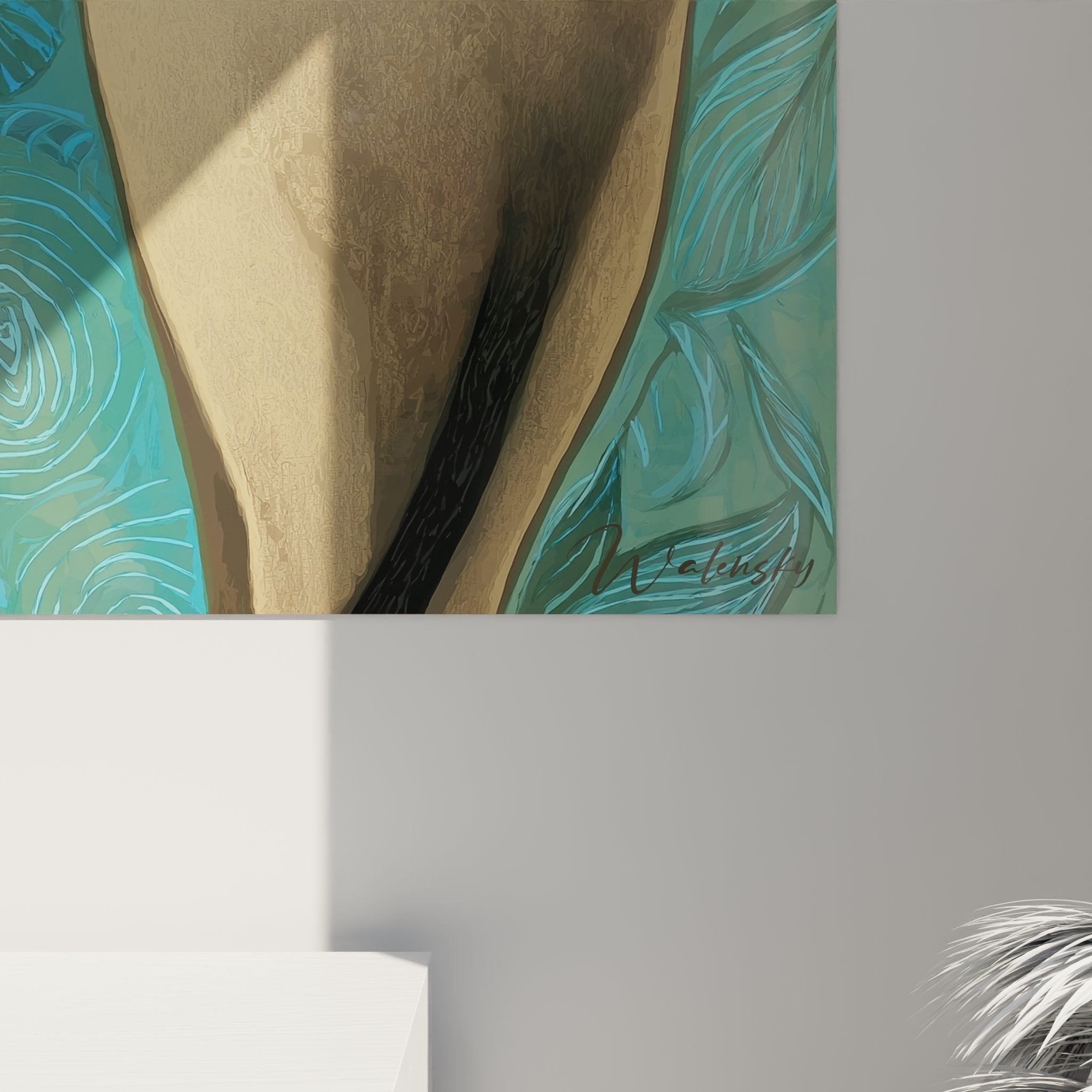 Vista d'insieme quadro murale gatto siamese elegante su sfondo turchese con motivi palme stilizzate