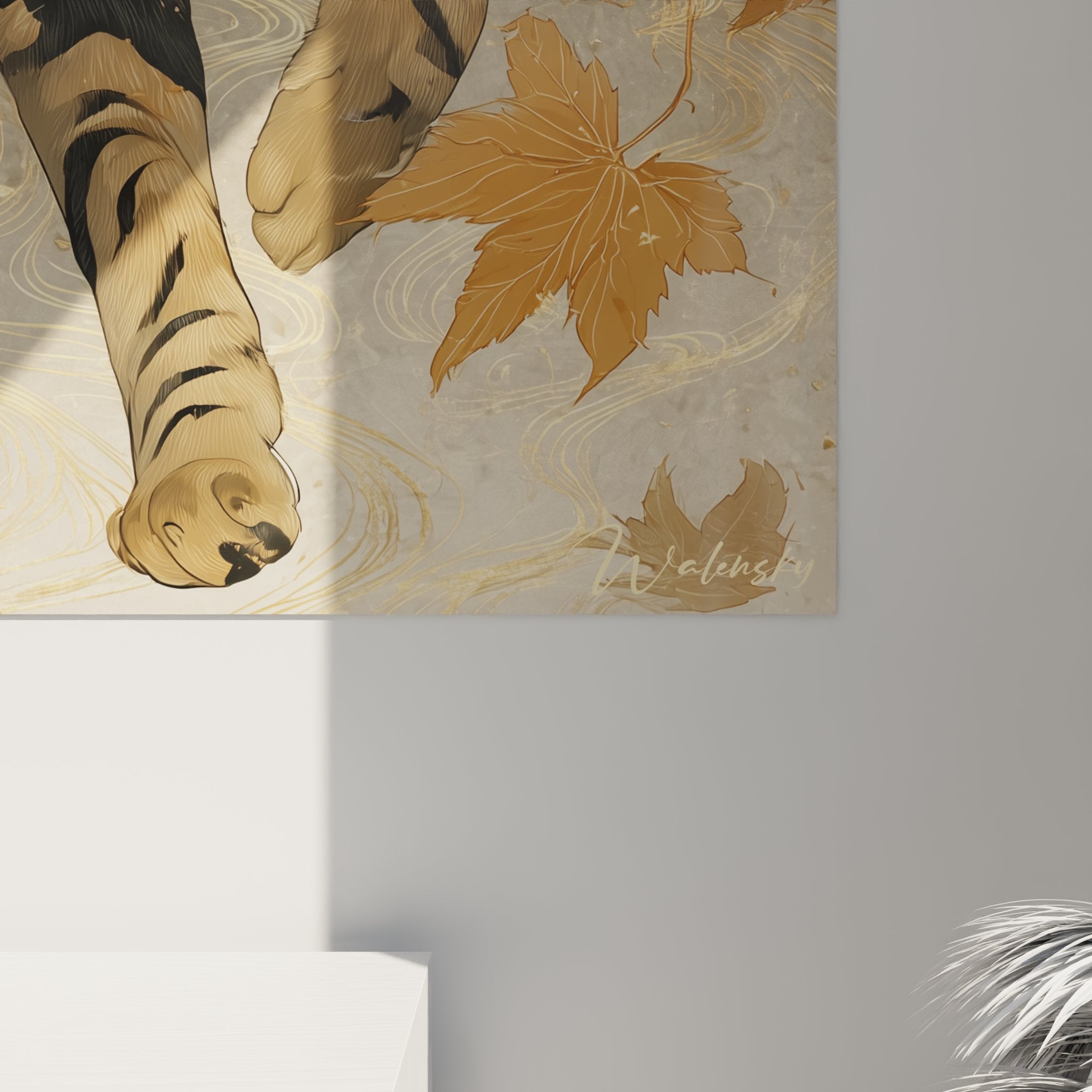 Vue d'ensemble tableau mural chat Toyger dans décor automnal lunaire, style art oriental décoratif