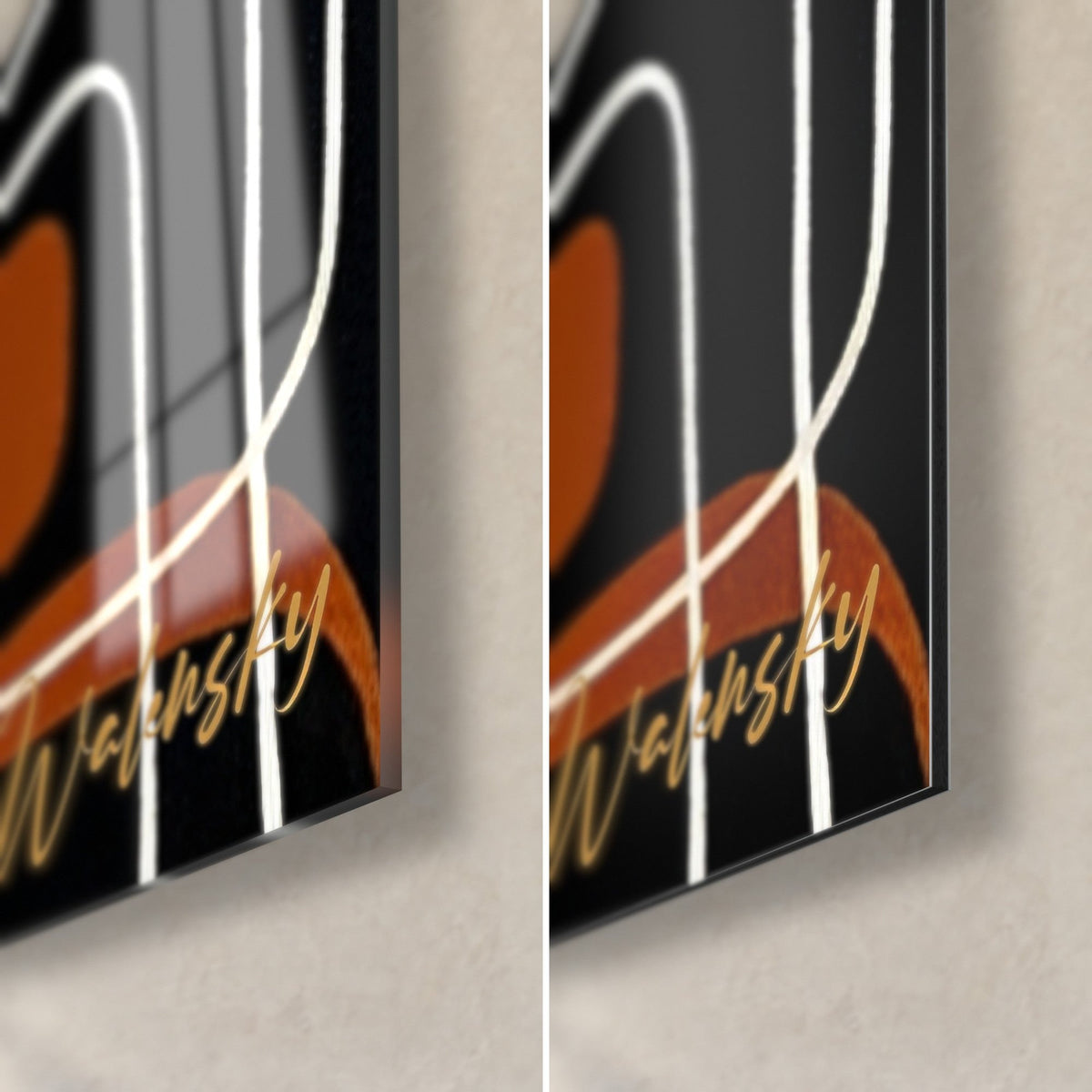 Schilderij met ronde zwarte en roestkleurige vormen, fijne witte lijn, gouden handtekening op glanzend glas en mat Dibond, rand van 3 mm