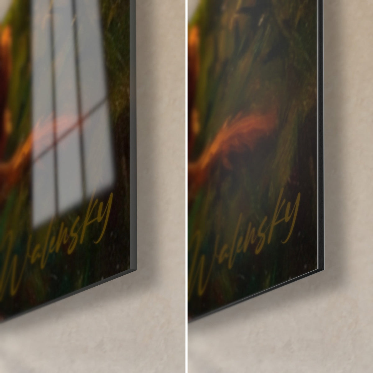 Wall art hunter and red dog silhouette, bottom right corner: glossy glass on the left, matte black Dibond on the right, 3 mm edge