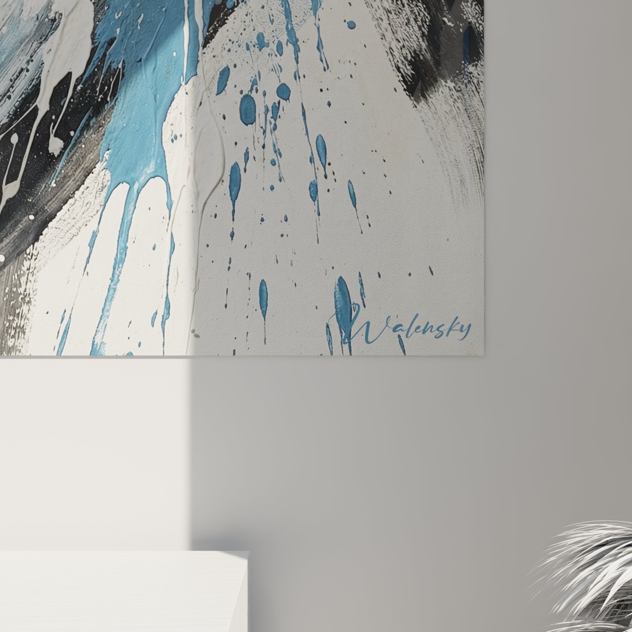Vue ensemble tableau art abstrait snowboard decoration interieur moderne couleurs bleu noir blanc