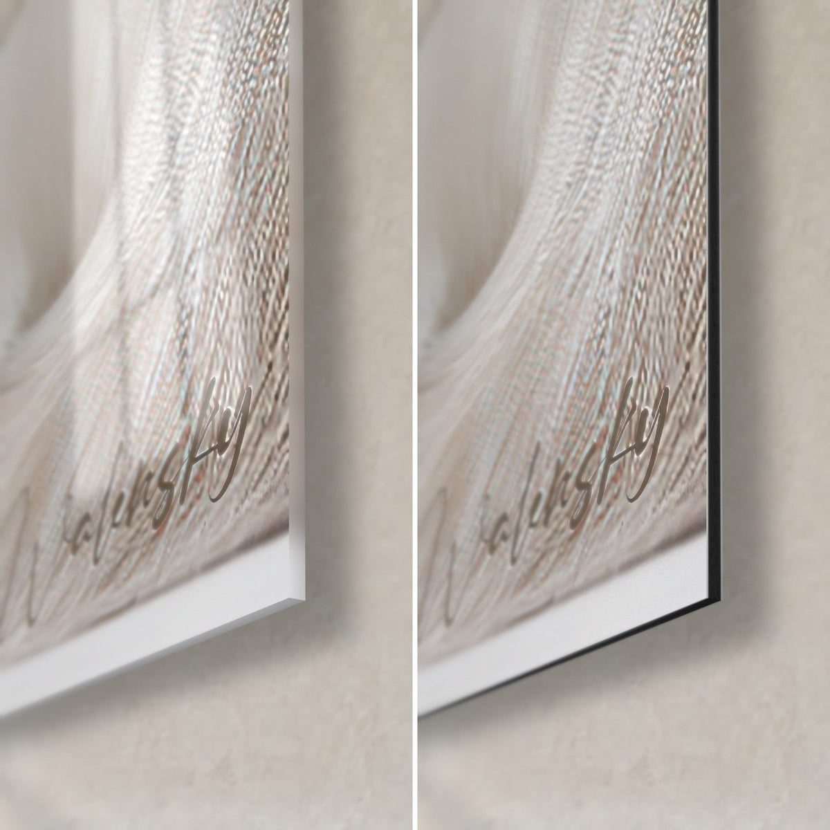 Wall art white cat, silky cream fur on a pearl grey background, bottom right corner: glossy glass on the left, matte Dibond on the right