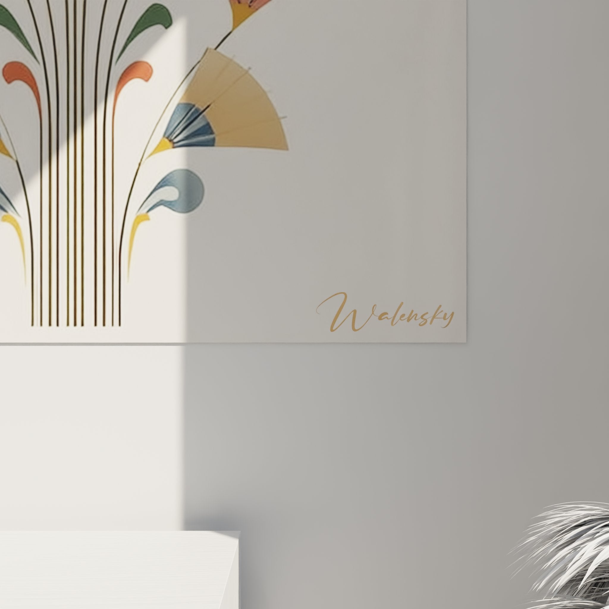 Overview of the art deco fans wall art hung on wall, vertical format with colorful fountain composition