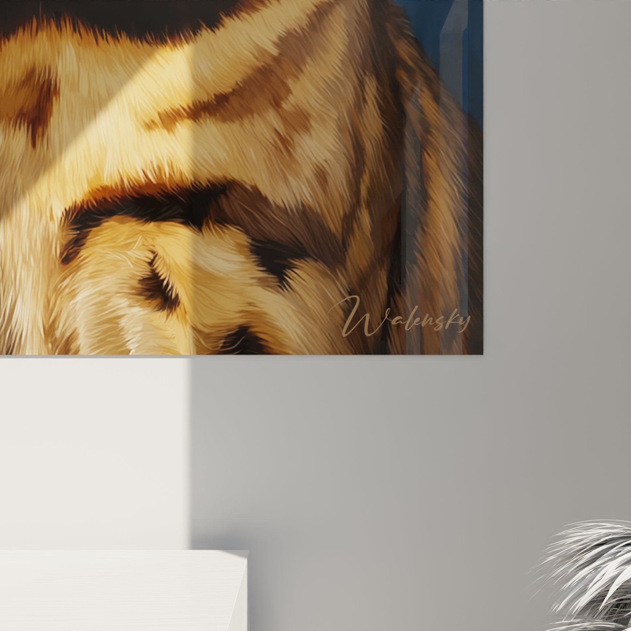 Vue d'ensemble tableau mural chat Bengal dans intérieur contemporain, décoration art félin