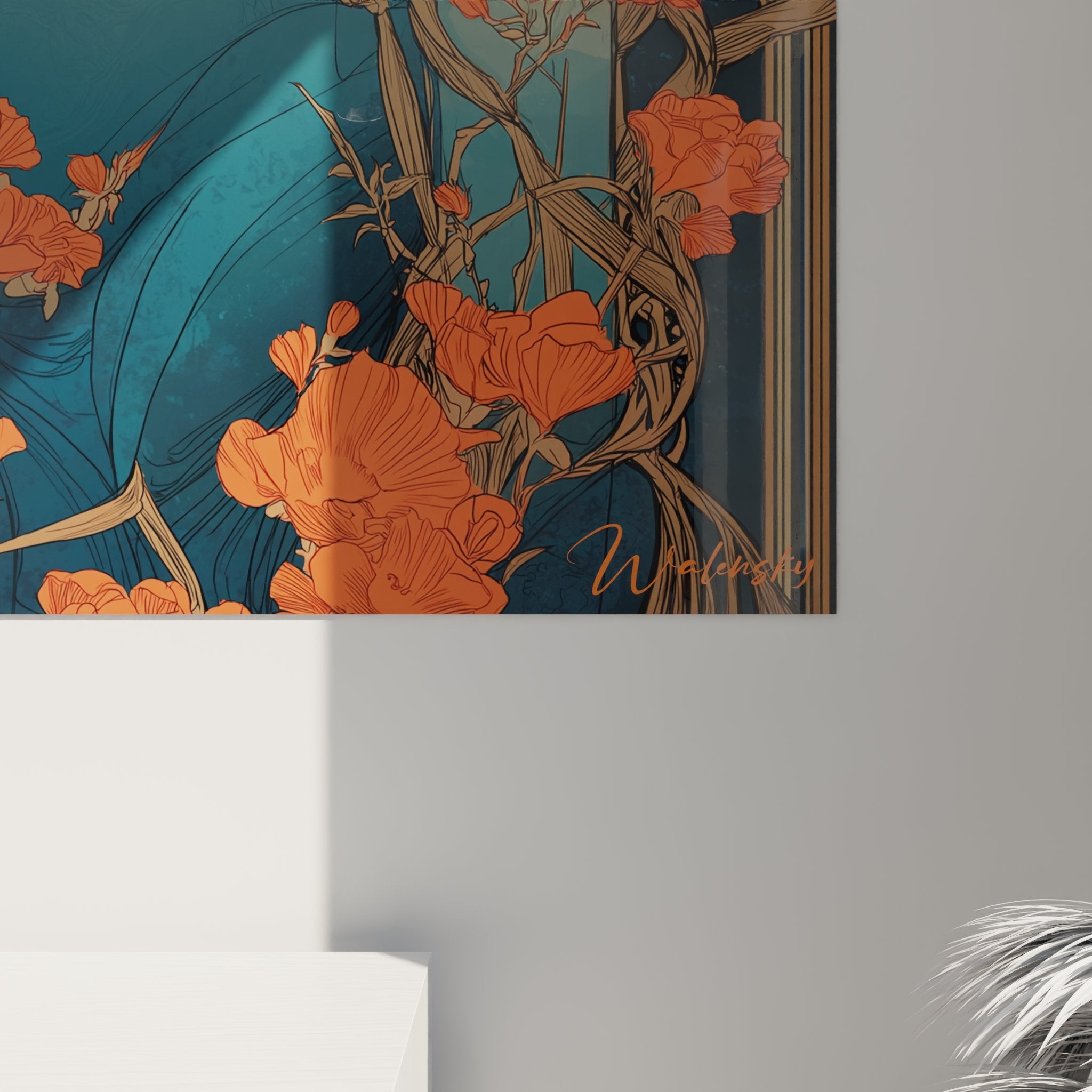 Overview wall art deco painting mysterious woman golden floral ornaments