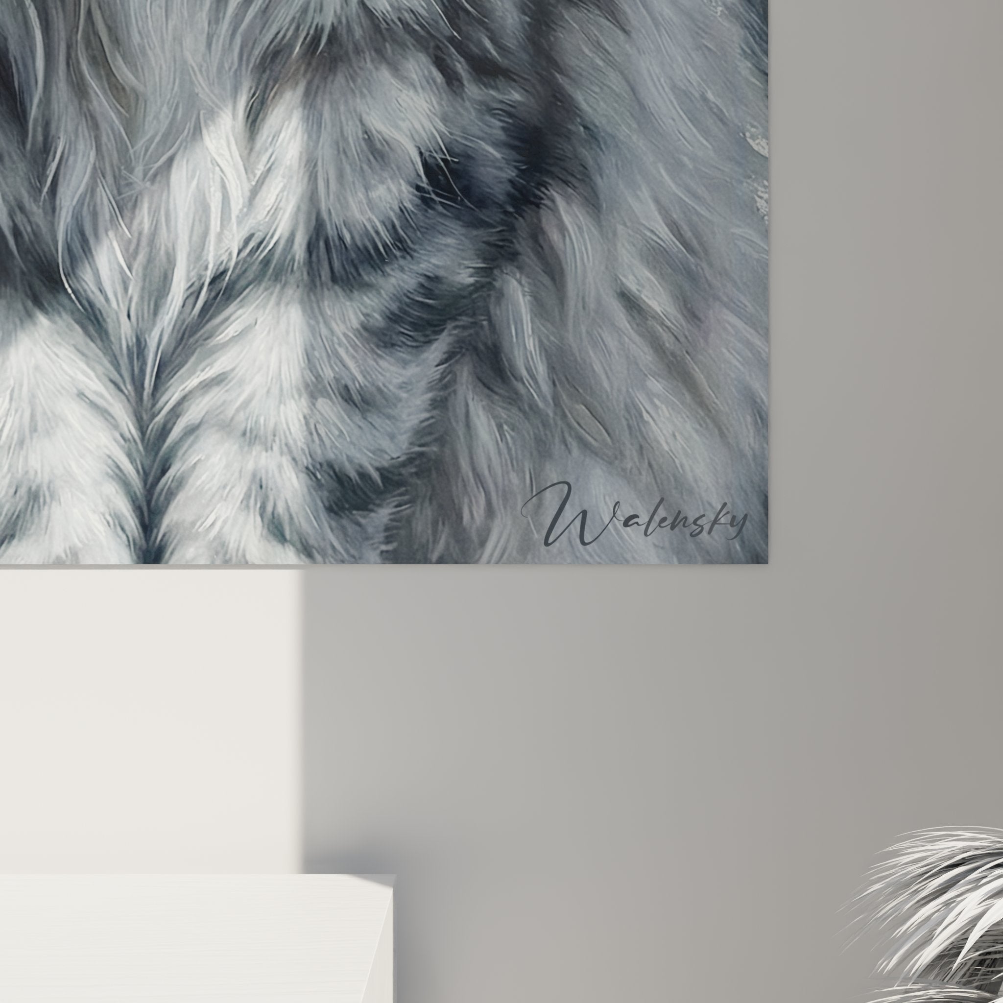 Übersichtsansicht Norwegian Forest Cat Kunstdruck an weißer Wand, Abmessungen und Perspektive Inneneinrichtung