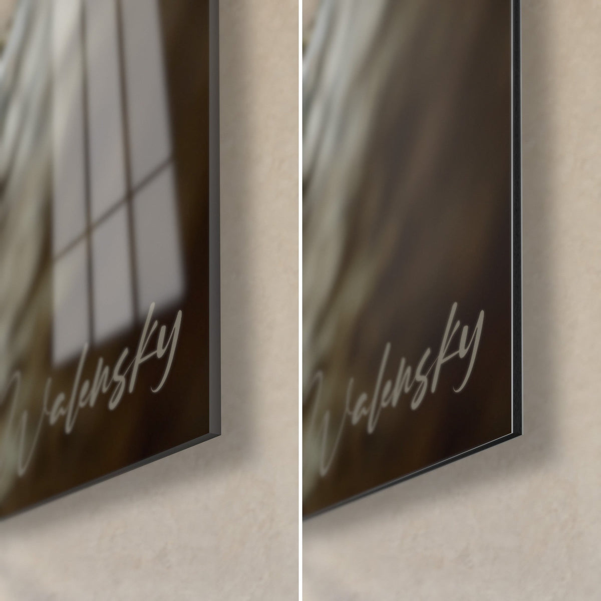 Gemälde Sokoke mit cremefarbenem, braun gestreiftem Fell, unten rechts Ecke: glänzendes Acrylglas mit Reflexen, mattschwarzes Dibond-Aluminium, 3 mm Kante