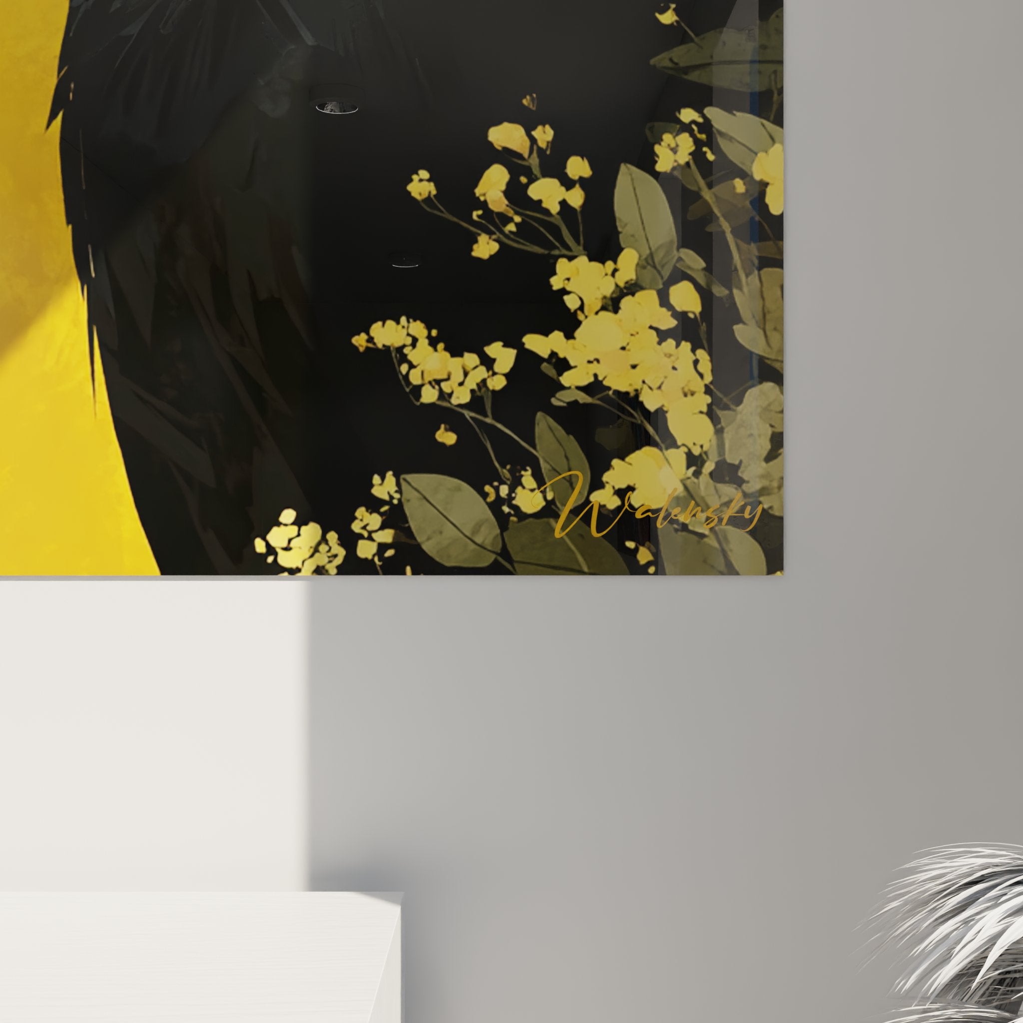 Vista d'insieme del quadro murale gatto nero Bombay in un interno contemporaneo con illuminazione soft