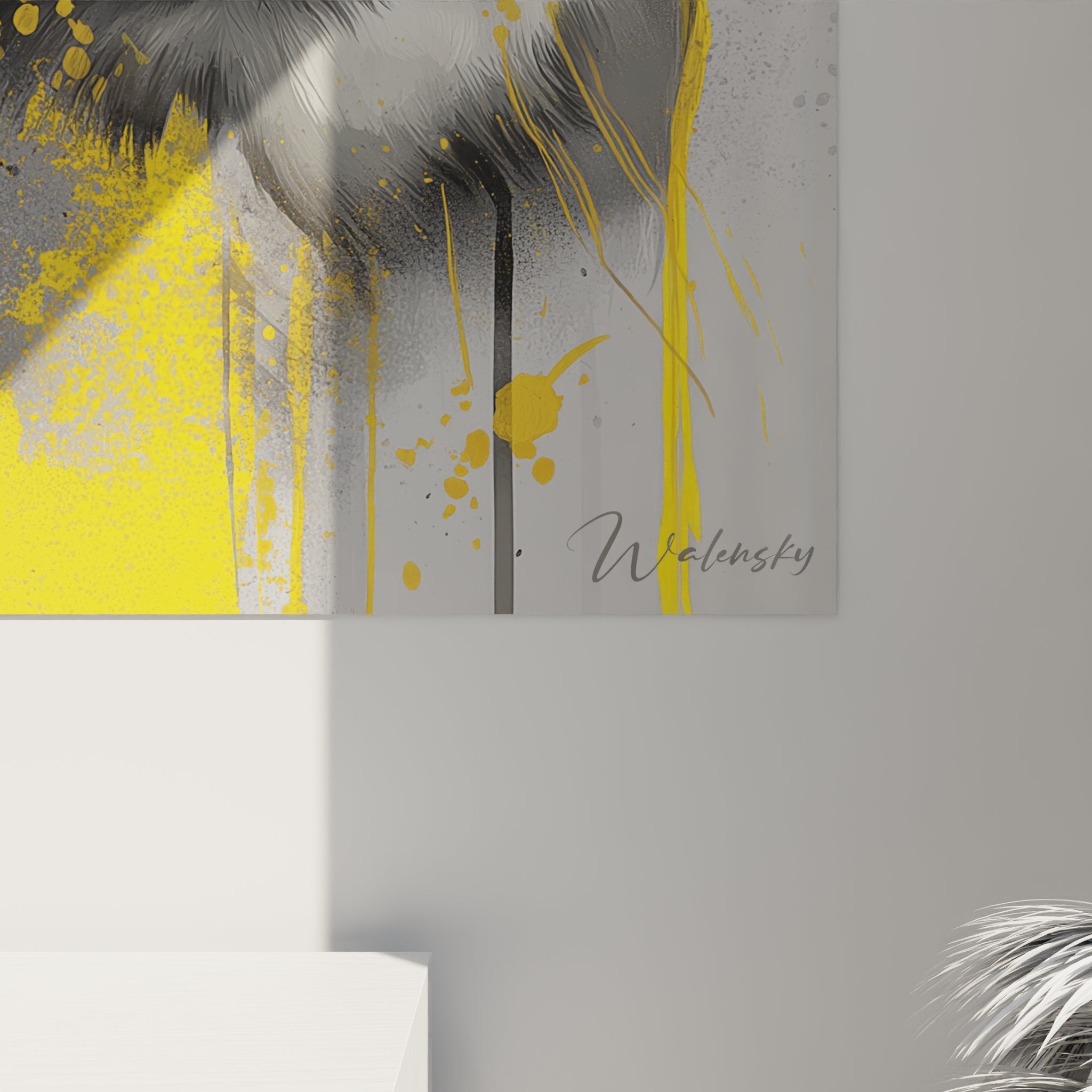 Vue perspective tableau mural chat American Shorthair art moderne jaune gris decoration interieure contemporaine