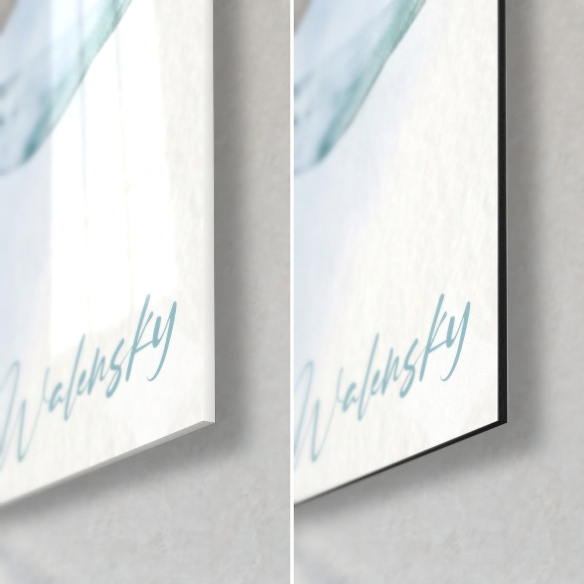 Tableau skieur en fusion nature, coin bas droit : verre acrylique brillant à gauche, alu Dibond mat à droite, signature Walensky bleue