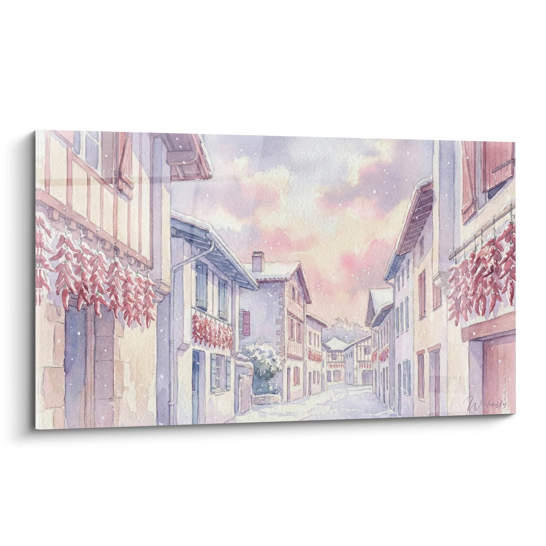 Aquarelle village Pays Basque hiver neige facades pastel rose mauve ciel rosé rue pavée flocons