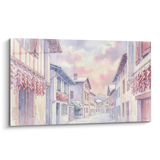 Schilderij van een Dorp met Pastelgefacades en Roze Hemel onder de Sneeuw - Winterse Charme - Editie Baskenland